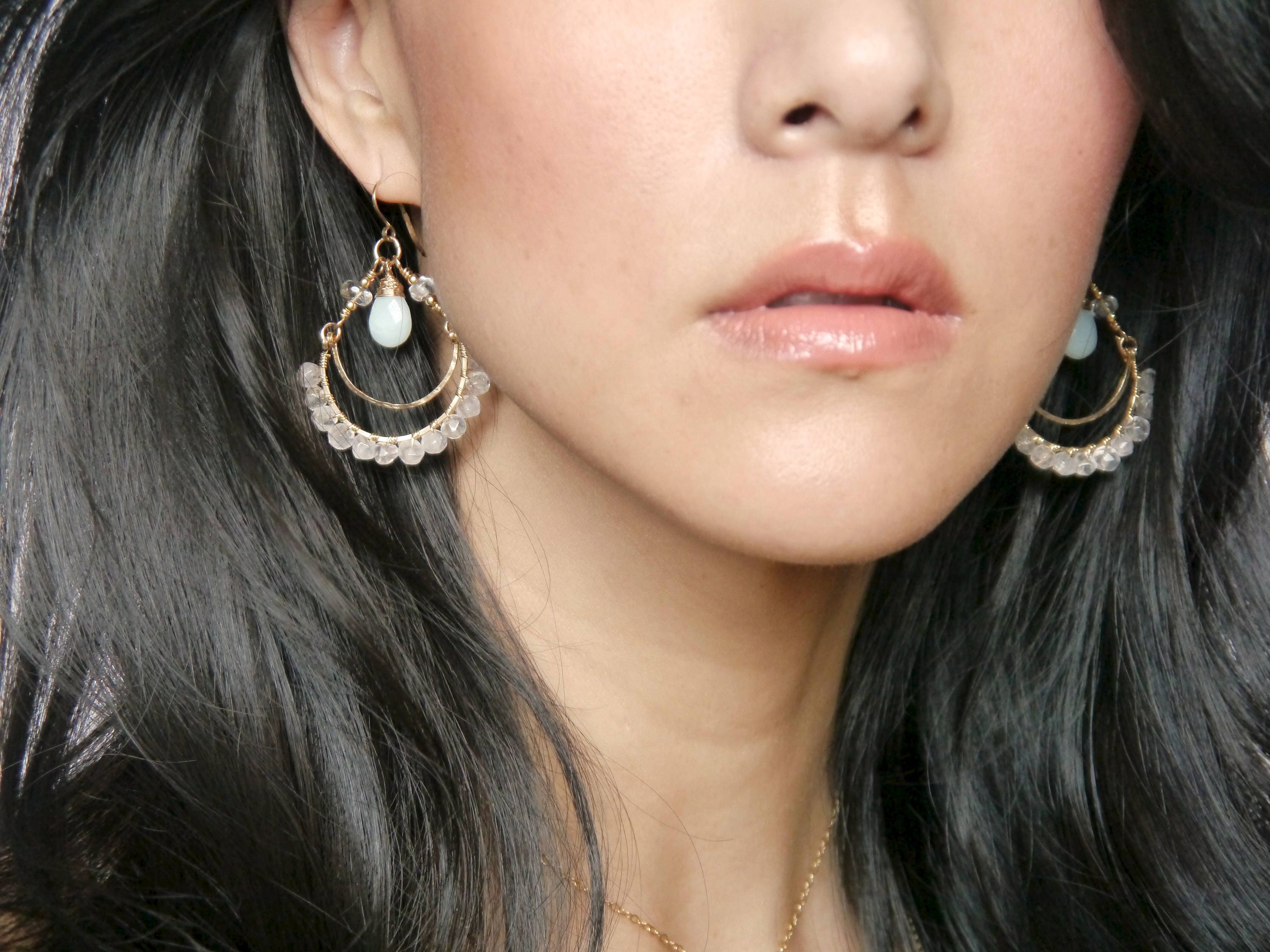 Rose Quartz Amazonite Chandelier Gemstone Earrings, 14K Gold Filled Boho Chic