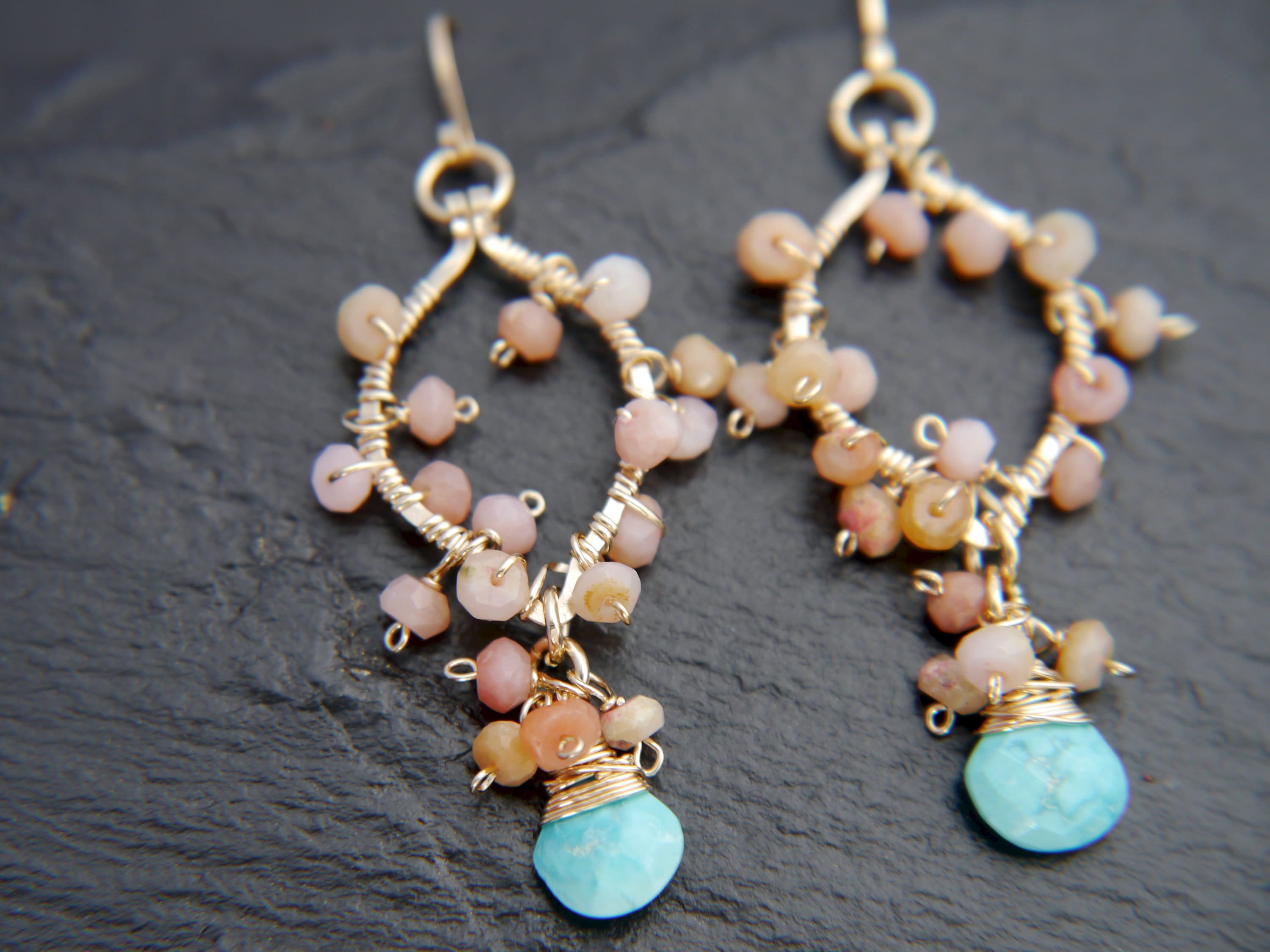 Turquoise Pink Opal Floral Gemstone Earrings, 14K Gold Filled Garden Wedding