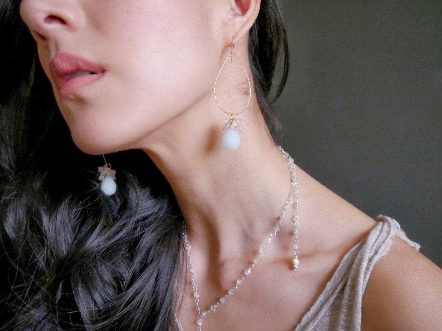 Pink Rose Quartz Cluster Amazonite Hoop Floral Gemstone Earrings, 14K Gold Filled