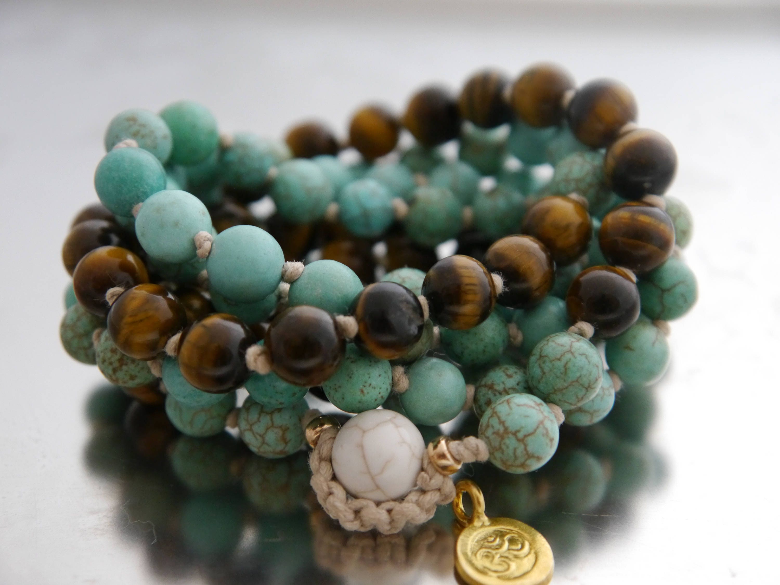 Tiger's Eye Turquoise Magnesite 108 Mala Beads, Hand Knotted