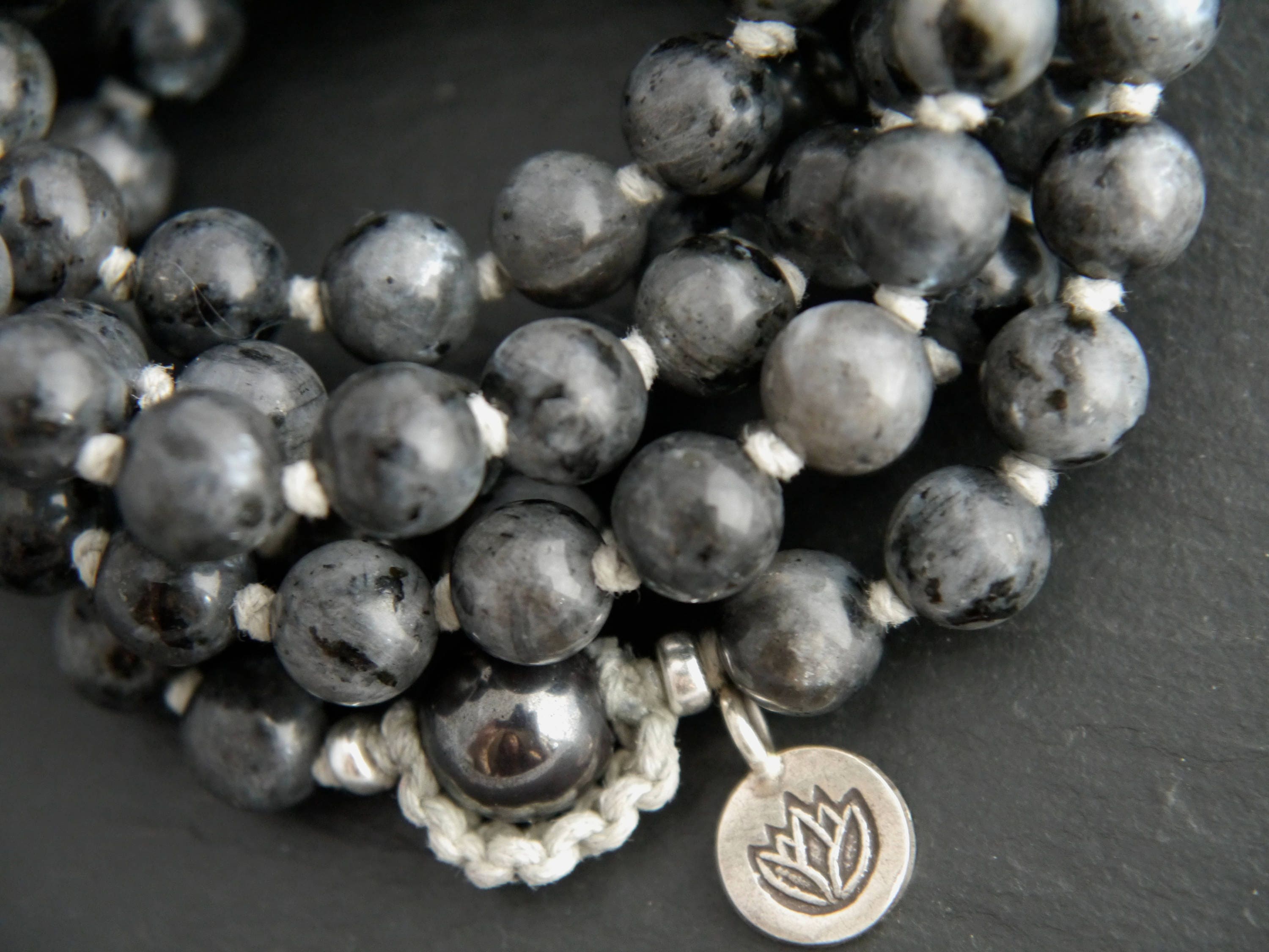 Gray Flash Labradorite Mala Beads, 108 Gemstone Beads, Wrap, Hand Knotted