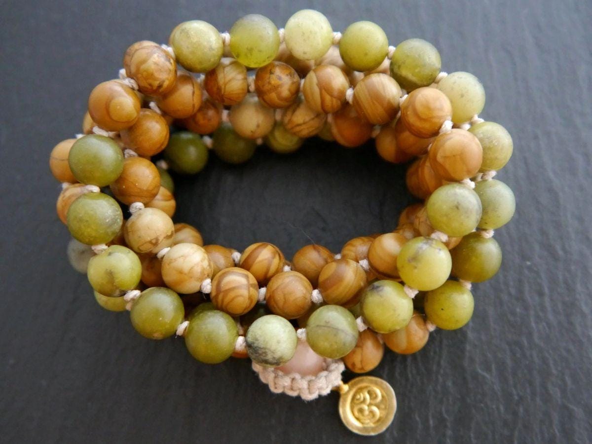 Olive Serpentine Tigerskin Jasper Mala Beads, 108 Gemstone Beads, Wrap, Hand Knotted