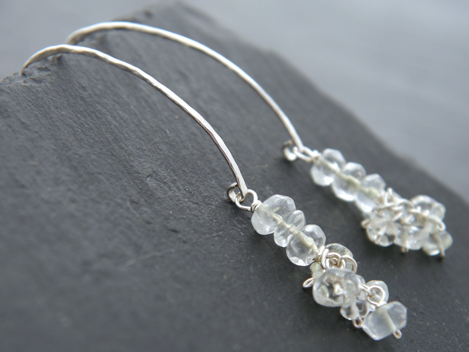 Quartz Long Dangle Hoop Wire Wrapped Gemstone Earrings, Sterling Silver Wedding Jewelry