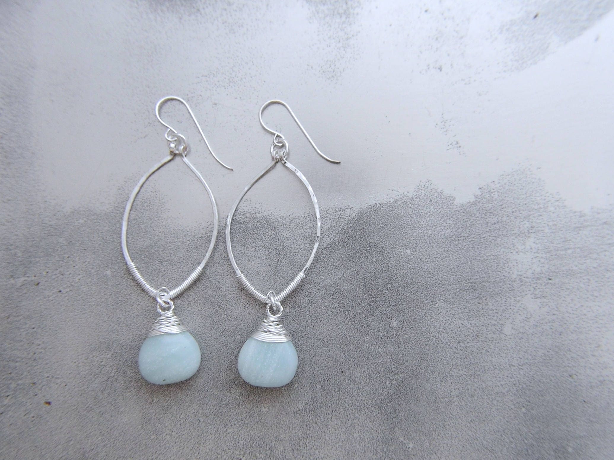 Amazonite Leaf Hoop Gemstone Earrings, Sterling Silver, Nature Inspired