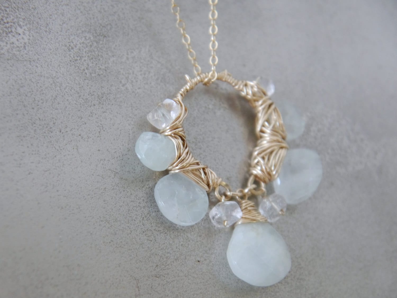Aquamarine Flower Pendant Gemstone Necklace, 14K Gold Filled, Bohemian Wedding