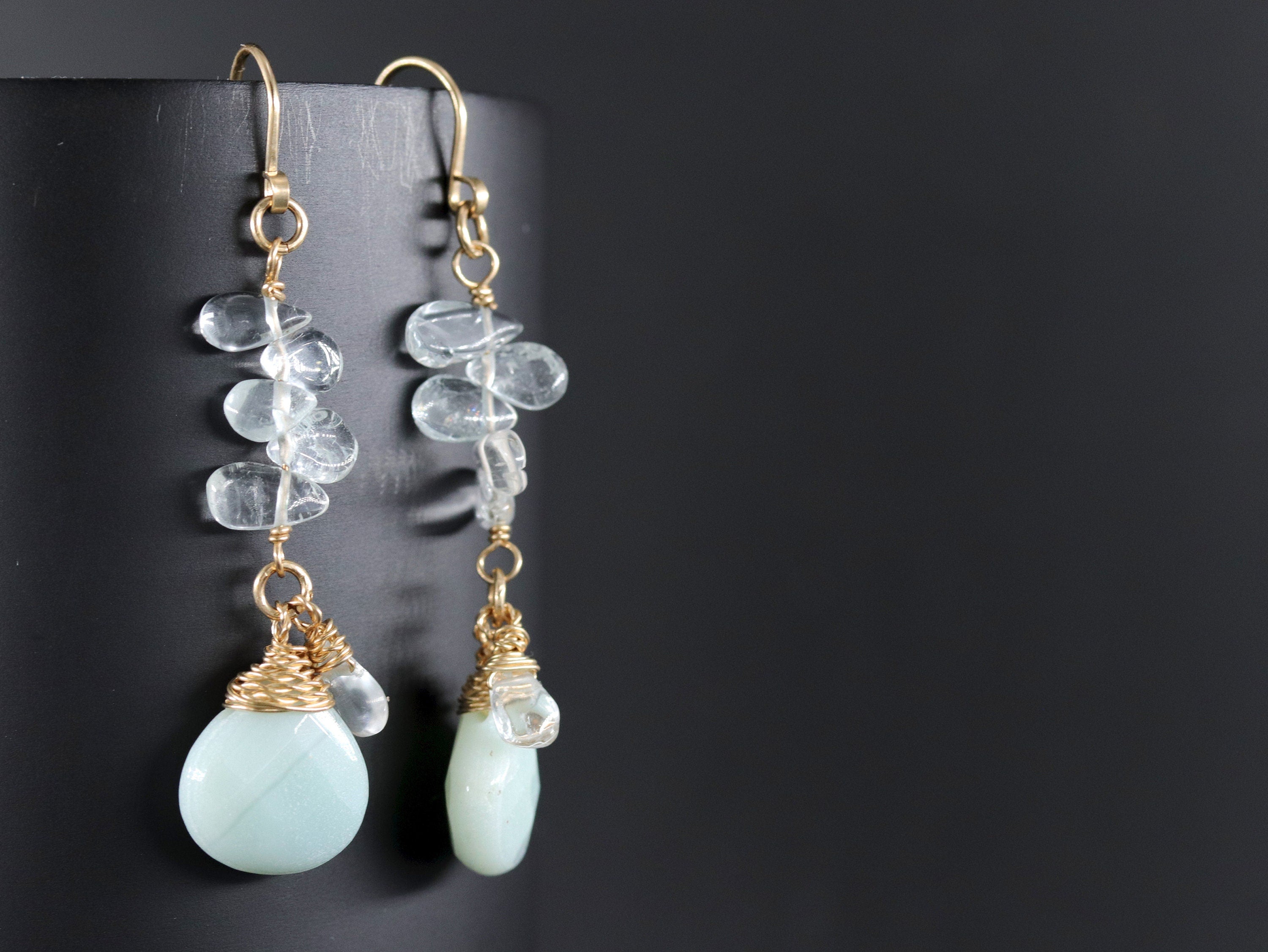 Aquamarine Amazonite Floral Dangle Teardrop Gemstone Earrings, 14K Gold Filled