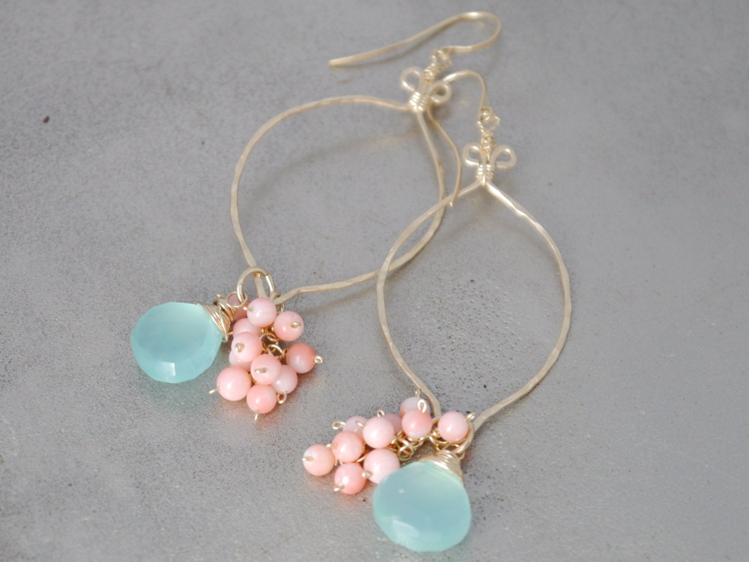Aqua Chalcedony Pink Coral Floral Cluster Gemstone Earrings, 14K Gold Filled Feminine Gift