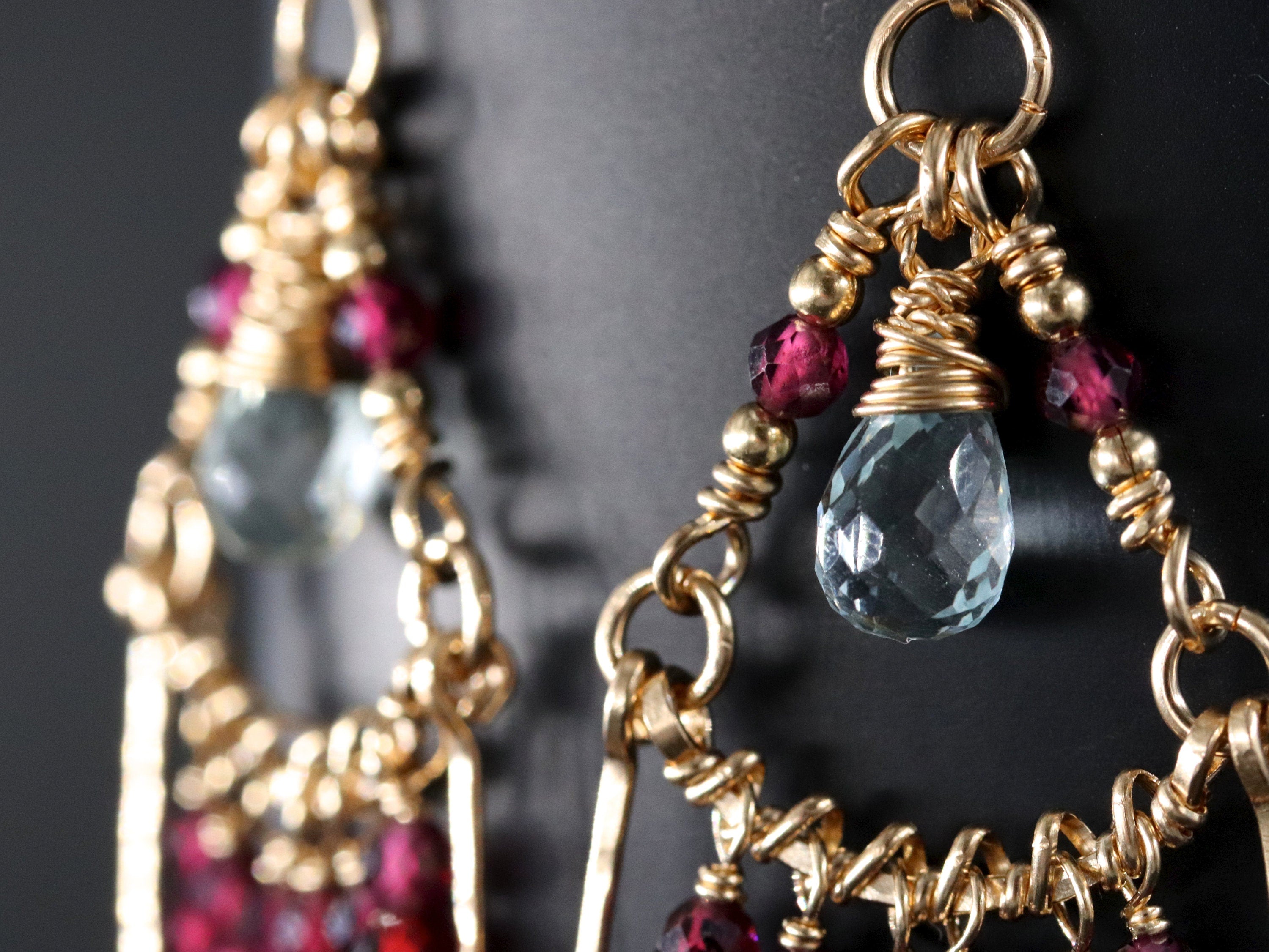 Garnet Aquamarine Long Dangle Earrings, 14K Gold Filled Fringe Drop, Bohemian Jewelry