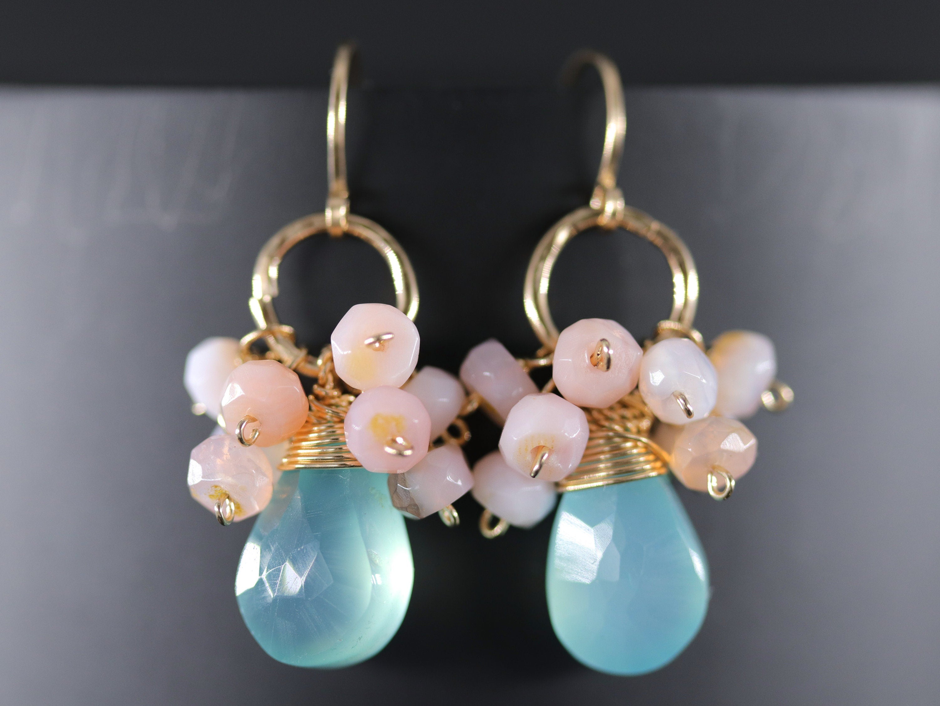 Aqua Chalcedony Briolette Pink Opal Cluster Gemstone Earrings, 14K Gold Filled Botanical Style