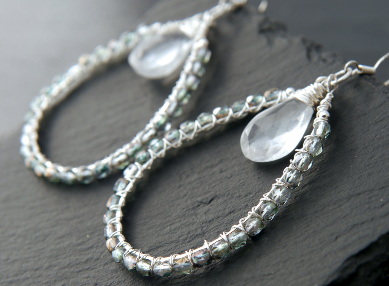 Quartz Czech Glass Briolette Teardrop Gemstone Earrings, Sterling Silver Hoops