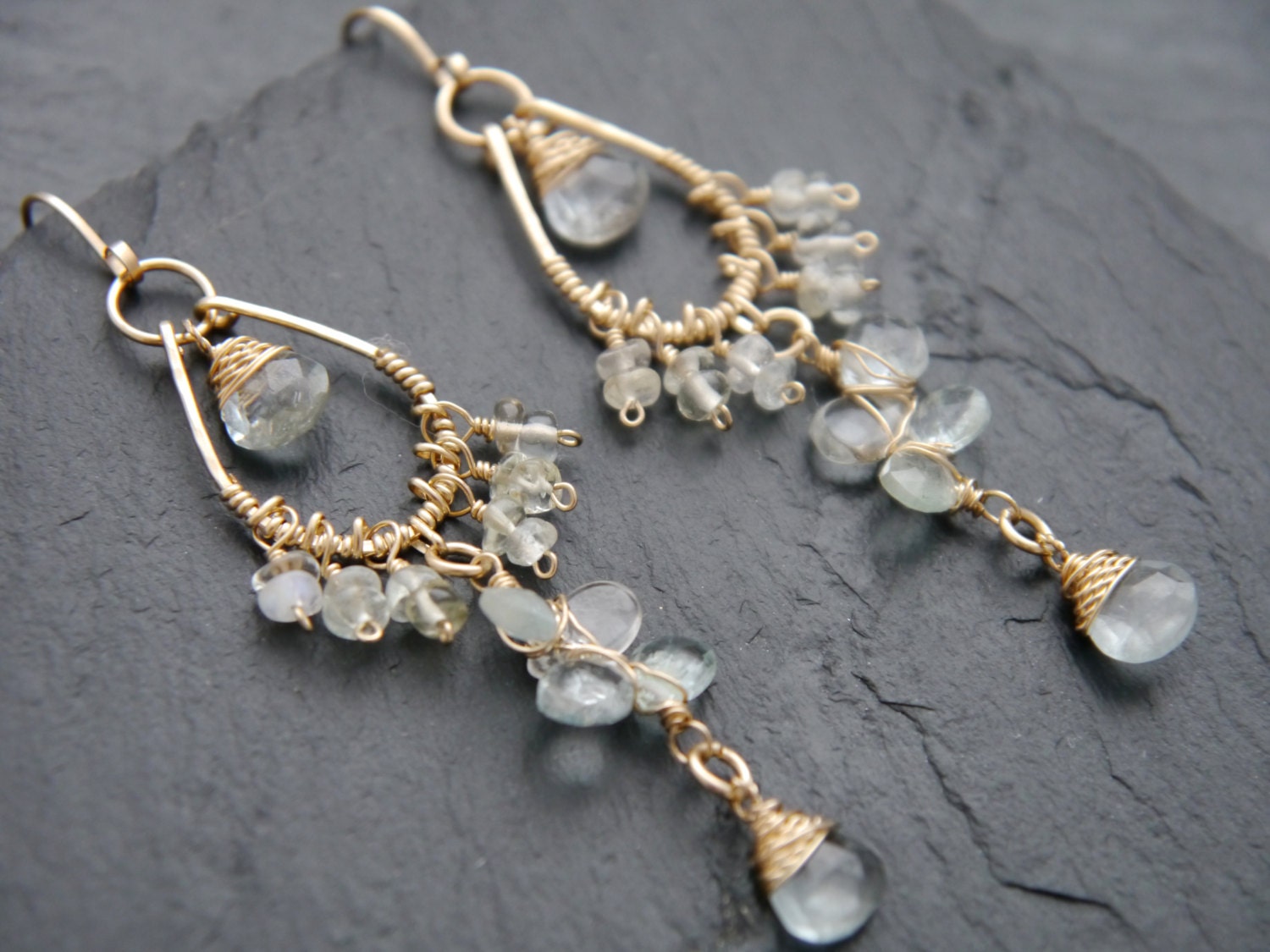 Aquamarine Floral Chandelier Earrings, 14K Gold Filled Elegant Dangle, Classic Bridal Jewelry