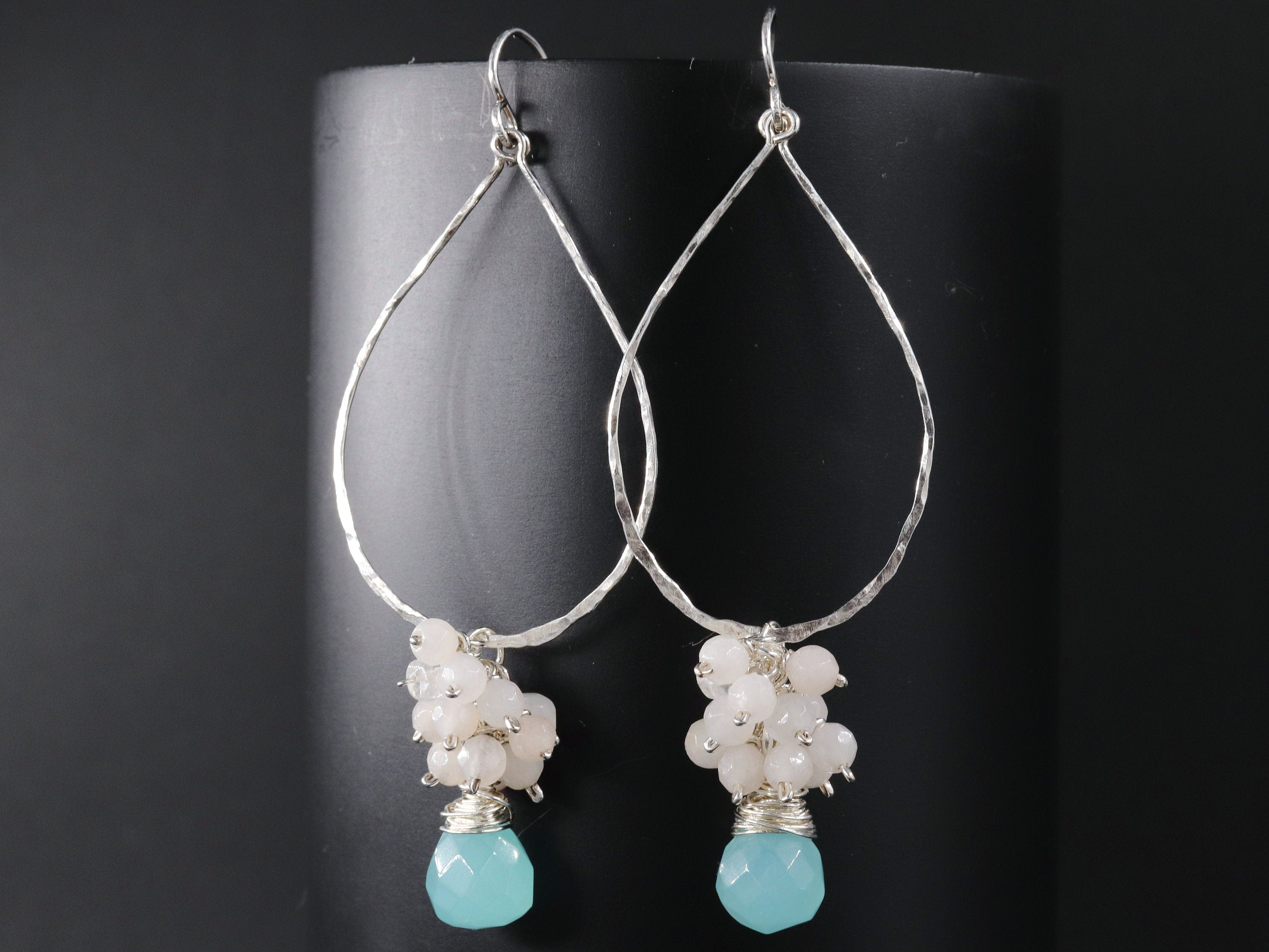 Aqua Chalcedony Rose Quartz Floral Hoop Gemstone Earrings, Sterling Silver, Garden Wedding