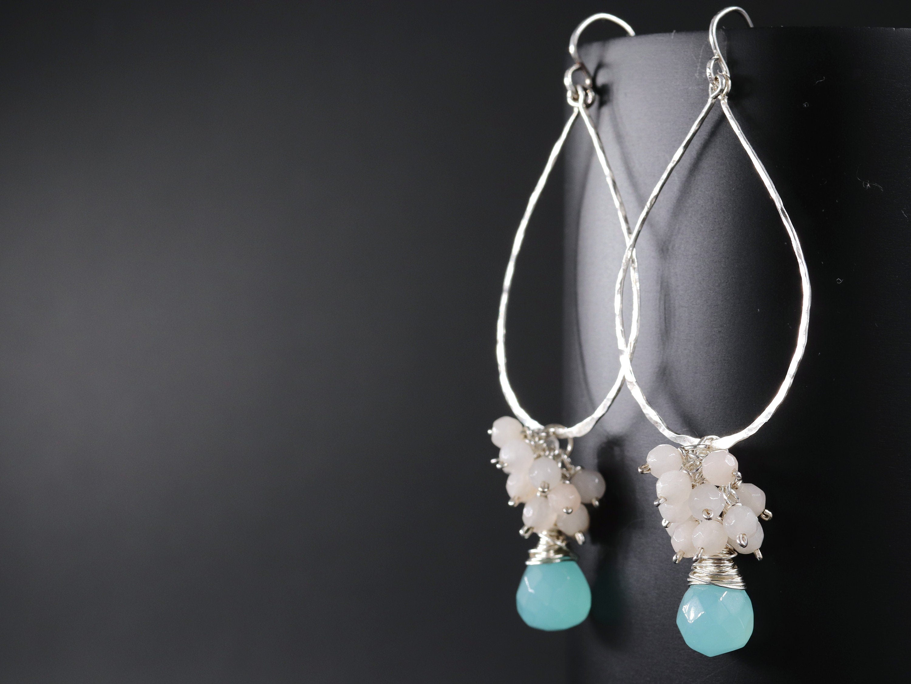 Aqua Chalcedony Rose Quartz Floral Hoop Gemstone Earrings, Sterling Silver, Garden Wedding