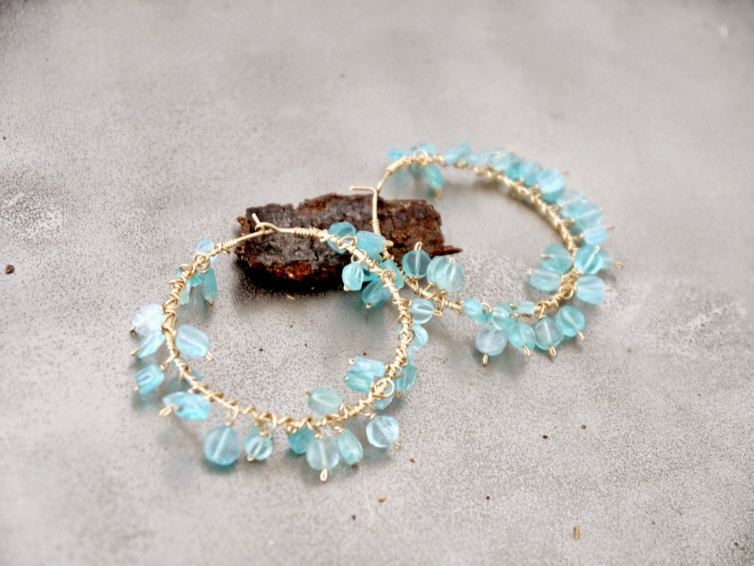 Apatite Fringe Hoop Earrings, 14K Gold Filled Garland Dangle, Boho Statement Jewelry