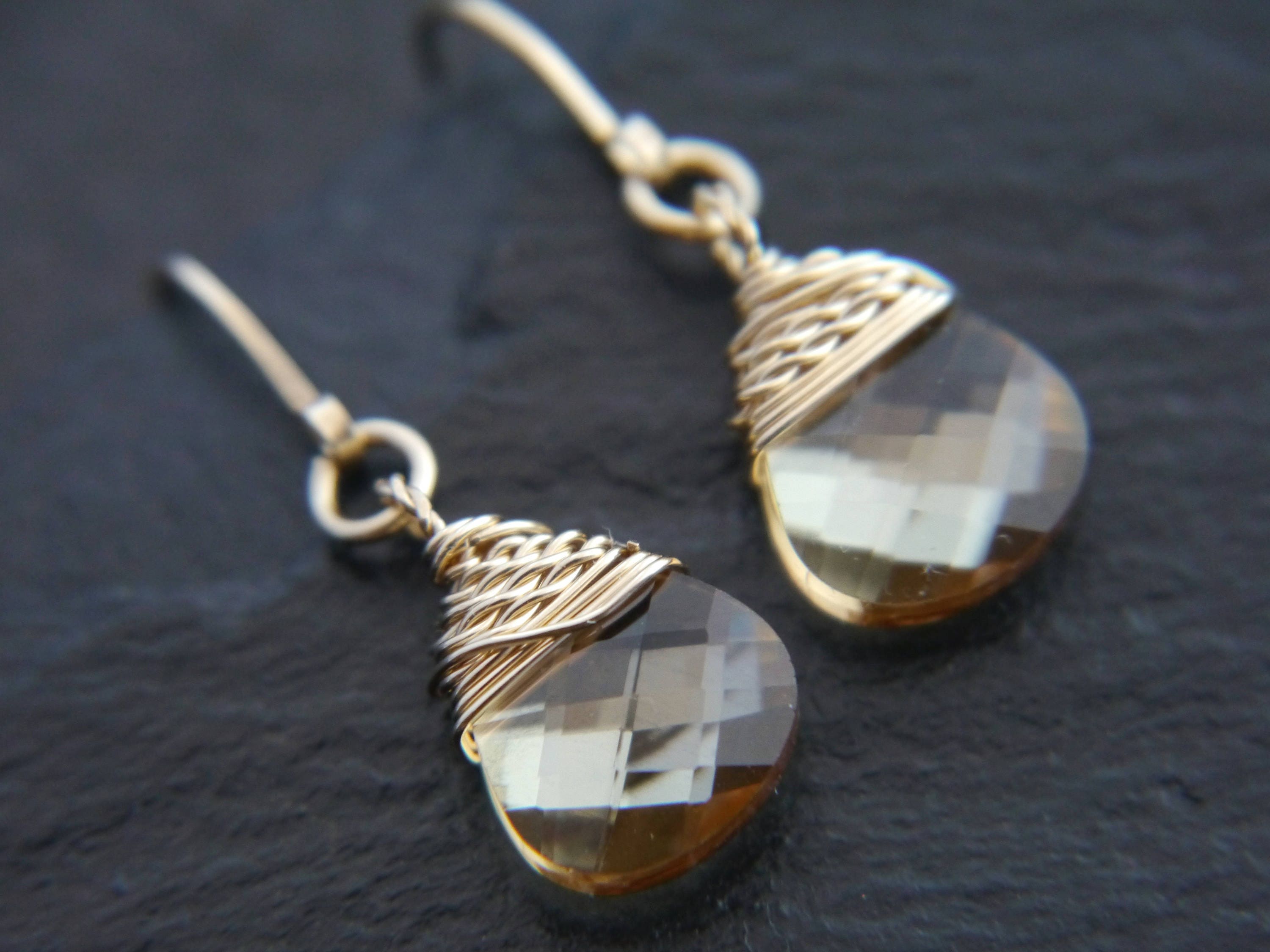 Champagne Swarovski Crystal Briolette Gemstone Earrings, 14K Gold Filled Minimalist