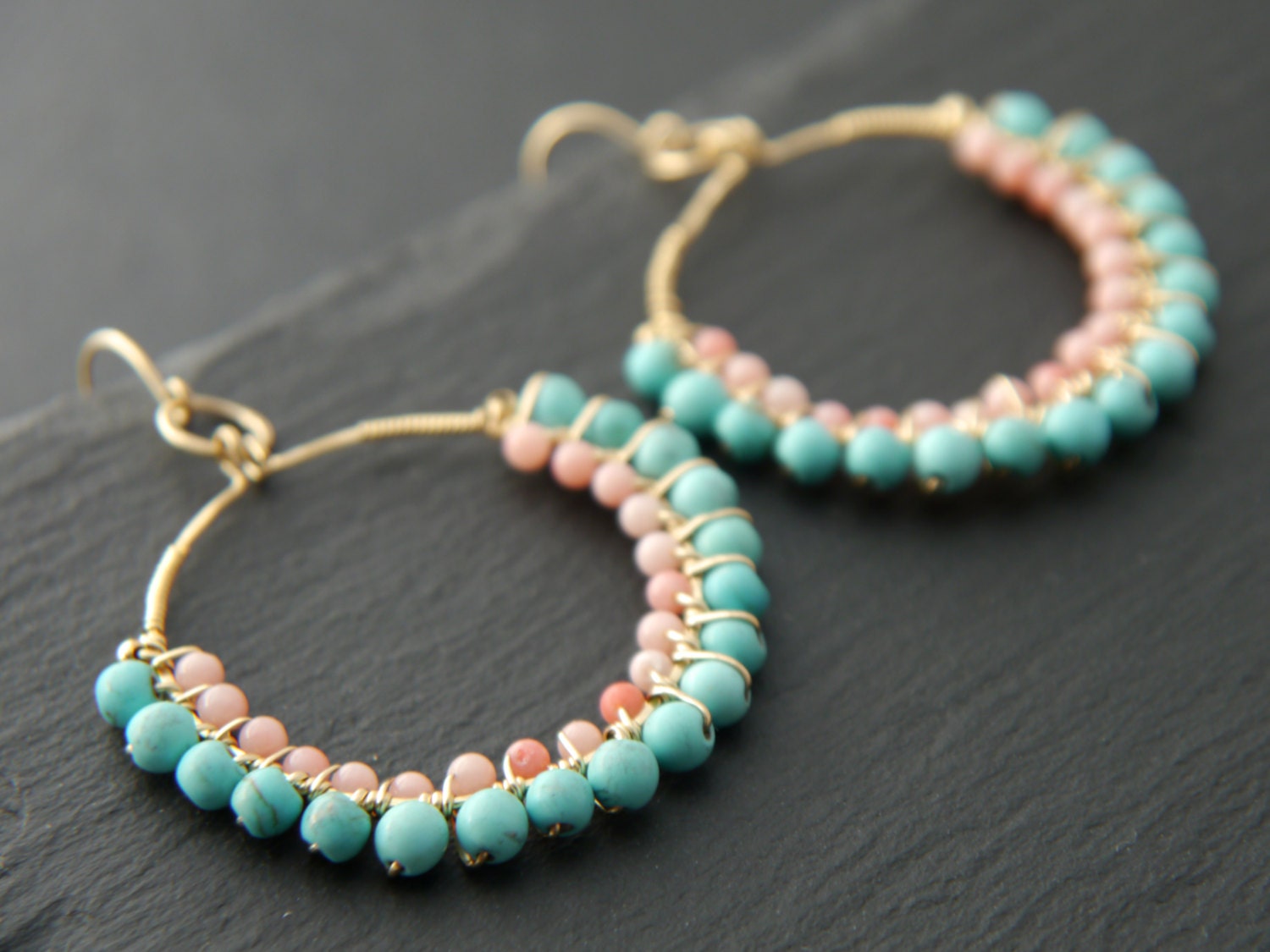 Turquoise Coral Hoop Gemstone Earrings, 14K Gold Filled Boho Wedding Coastal Style