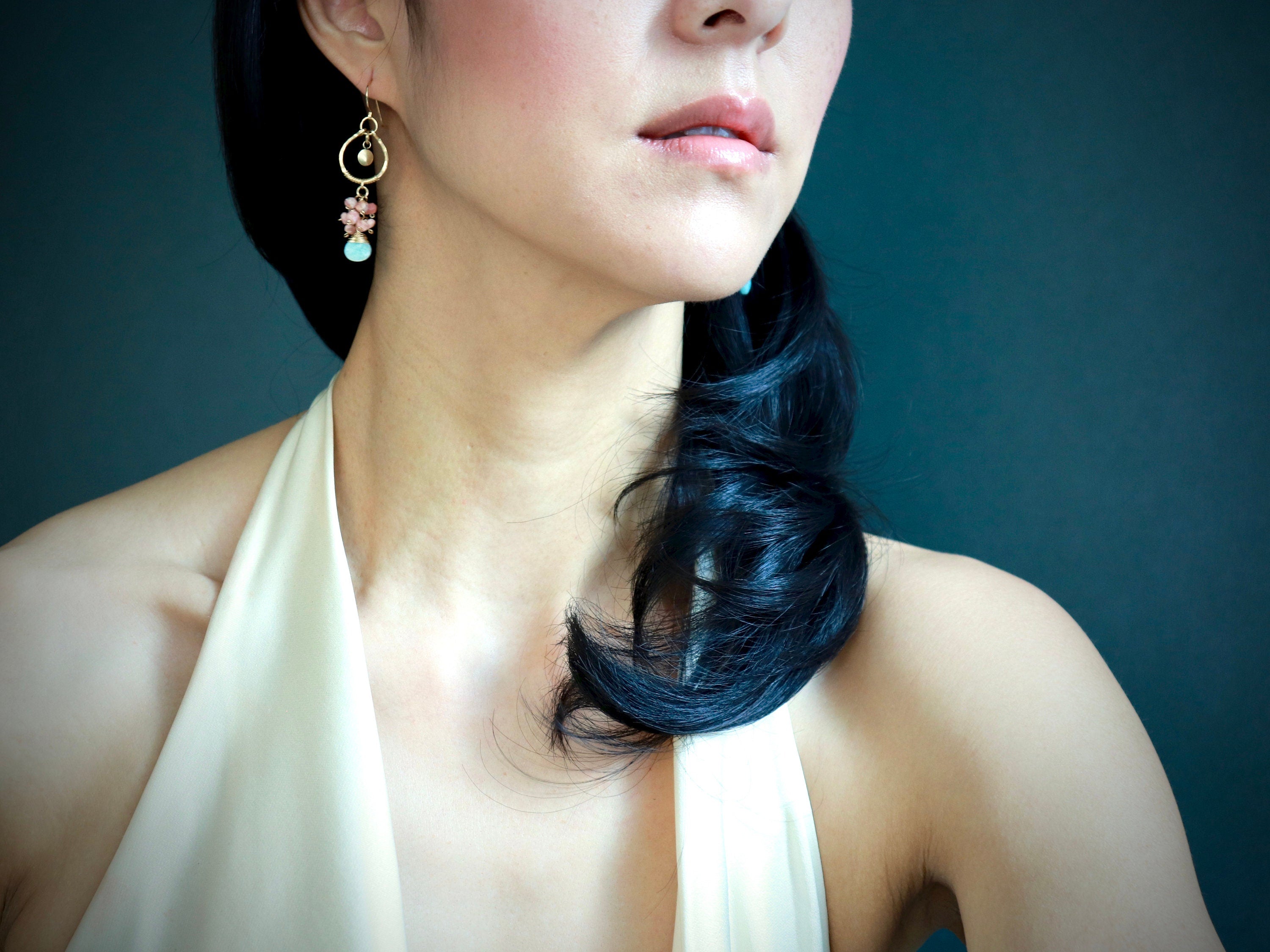 Amazonite Rhodonite Cluster Earrings, 14K Gold Filled Floral Dangle, Romantic Statement