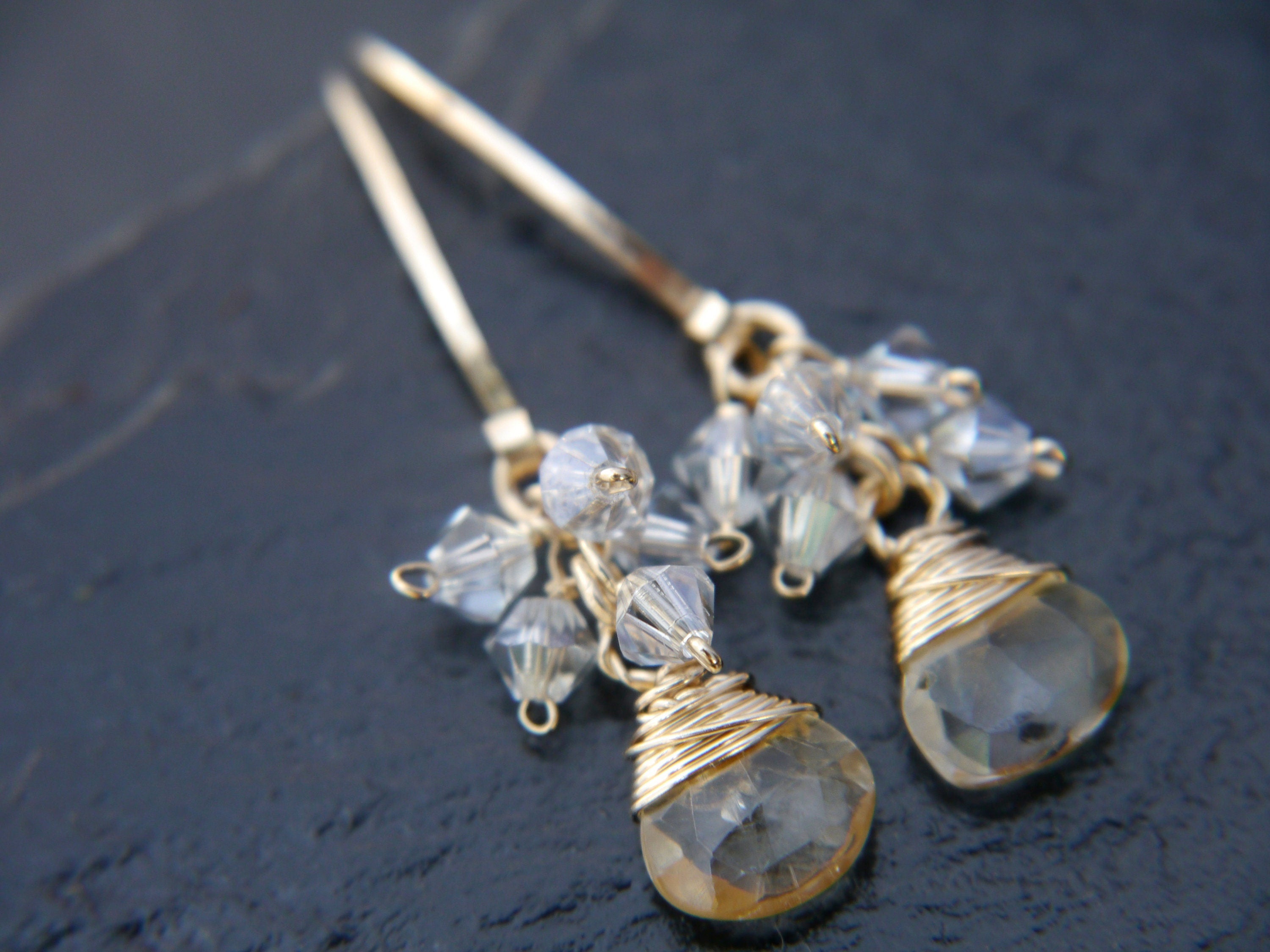 Citrine Teardrop Hoop Cluster Gemstone Earrings, 14K Gold Filled November Birthstone