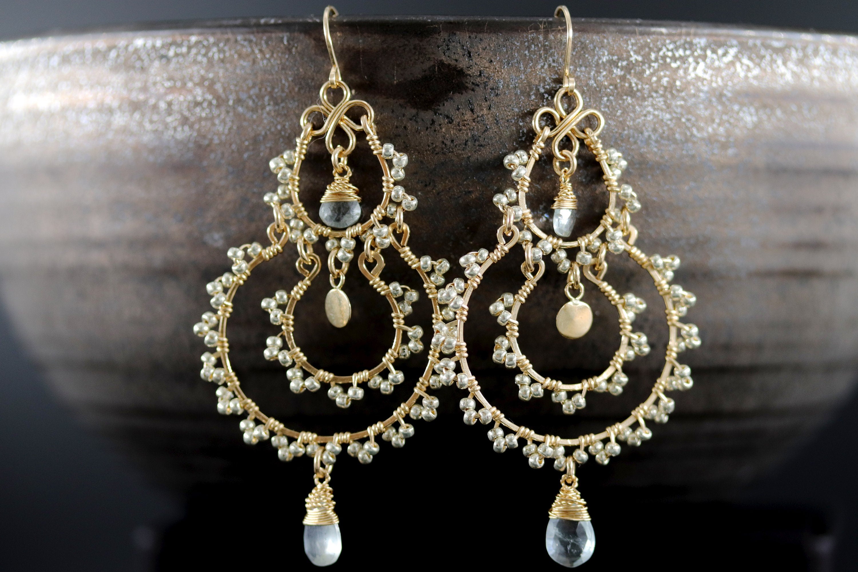 Champagne Chandelier Gemstone Earrings, 14K Gold Filled Bohemian Wedding