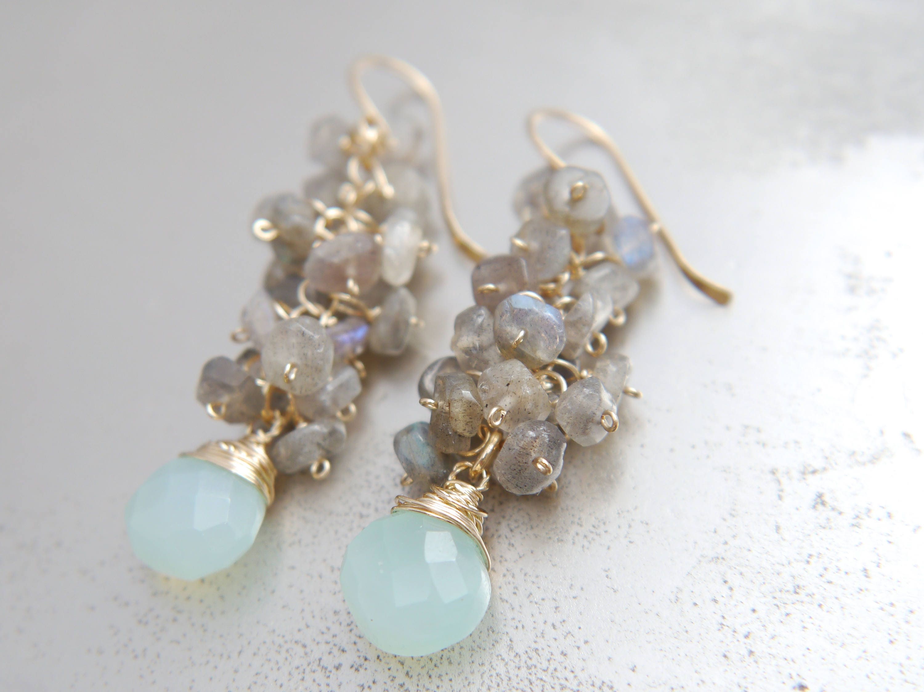Aqua Chalcedony Briolette Labradorite Cluster Gemstone Earrings, 14K Gold Filled Romantic Style