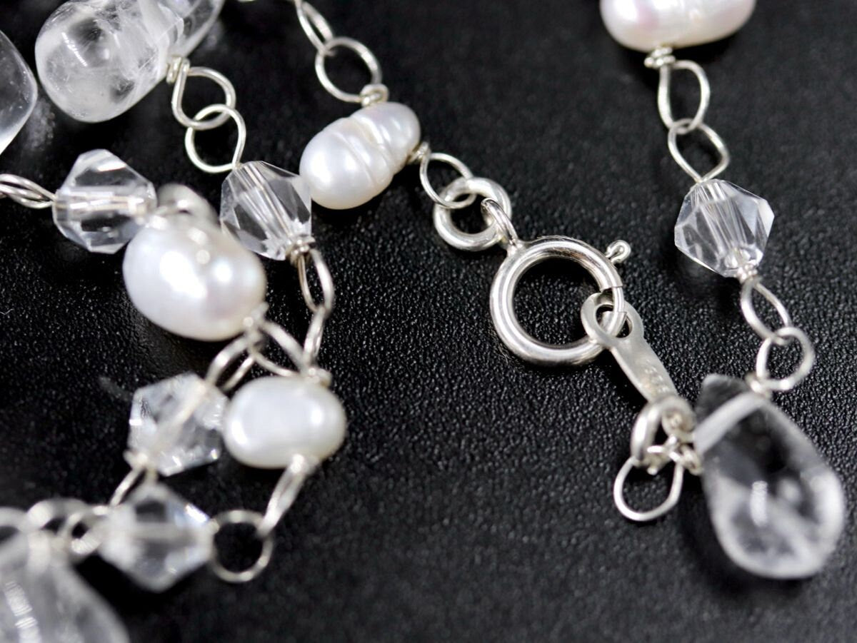 Pink Pearl Rosary Chain Lariat Y Tassel Gemstone Necklace, Sterling Silver, Bohemian