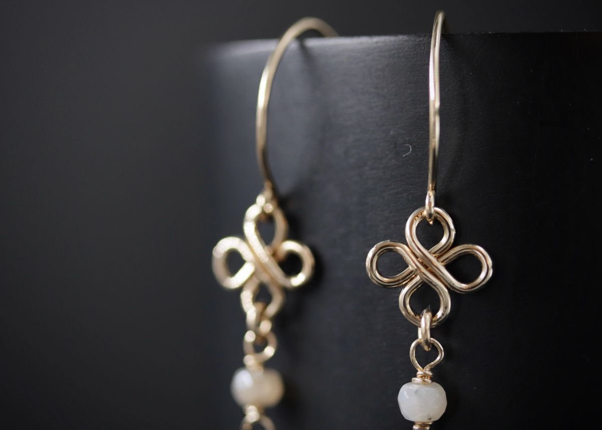 Moss Aquamarine Moonstone Long Dangle Floral Gemstone Earrings, 14K Gold Filled Bridal