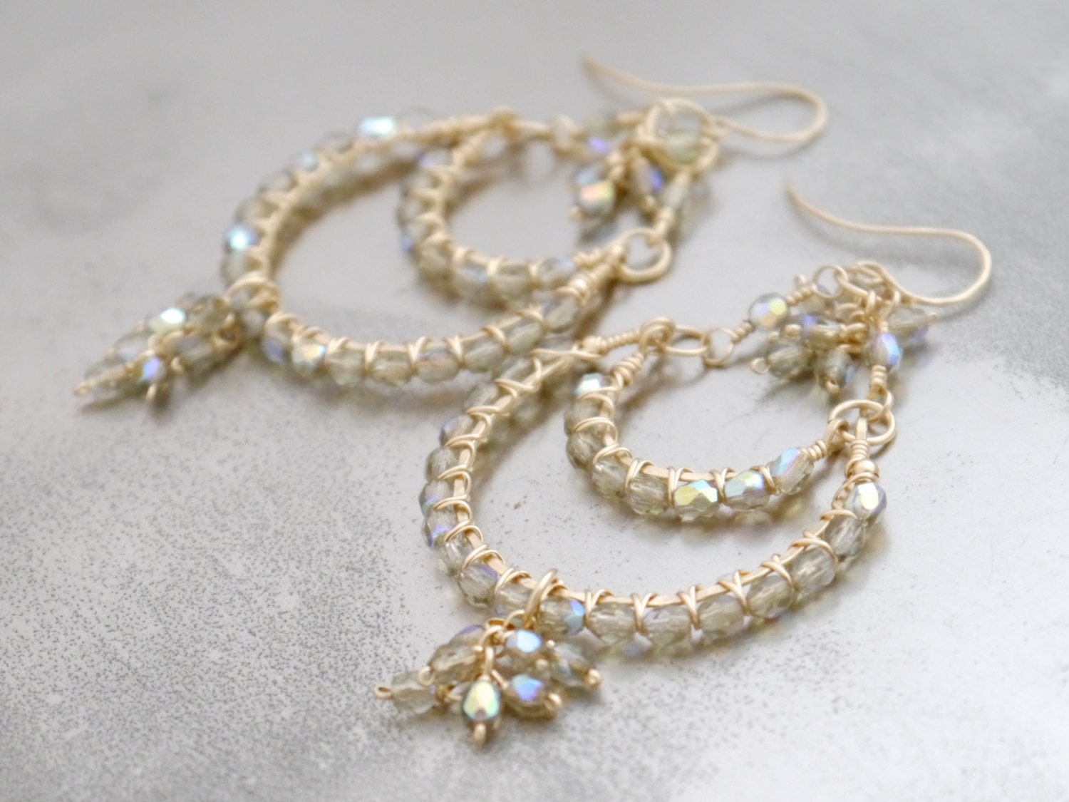 Grey Czech Glass Chandelier Gemstone Earrings, 14K Gold Filled Classic Bride