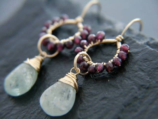 Aquamarine Garnet Floral Chandelier Gemstone Earrings, 14K Gold Filled Bohemian Style