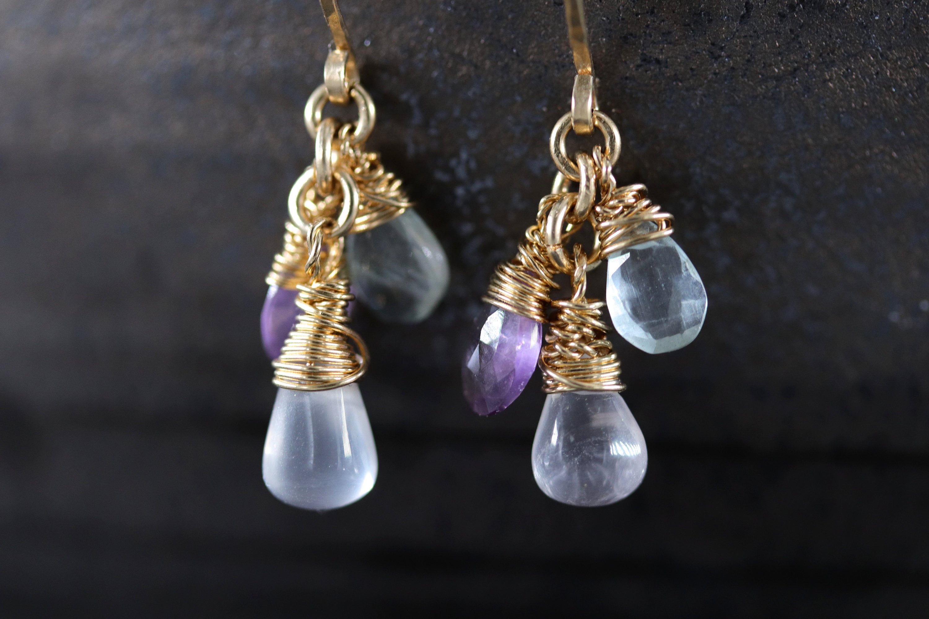 Amethyst Aquamarine Trio Earrings, 14K Gold Filled Minimal Drop, Delicate Jewelry