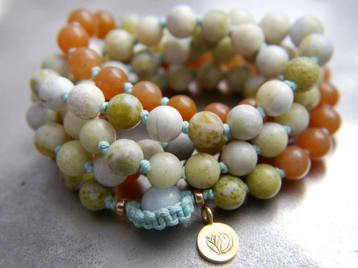 Red Aventurine, Green Peridot Serpentine Mala Beads, 108 Gemstone , Hand-Knotted