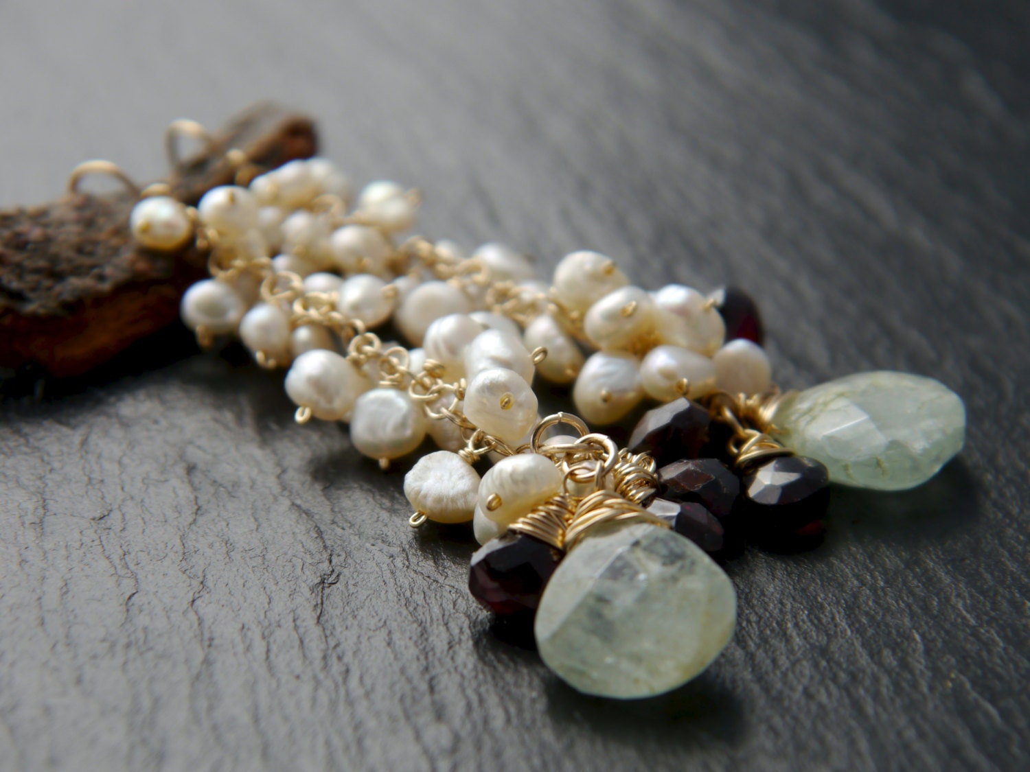 Aquamarine Garnet Pearl Cluster Long Dangle  Gemstone Earrings, 14K Gold Filled Bridal