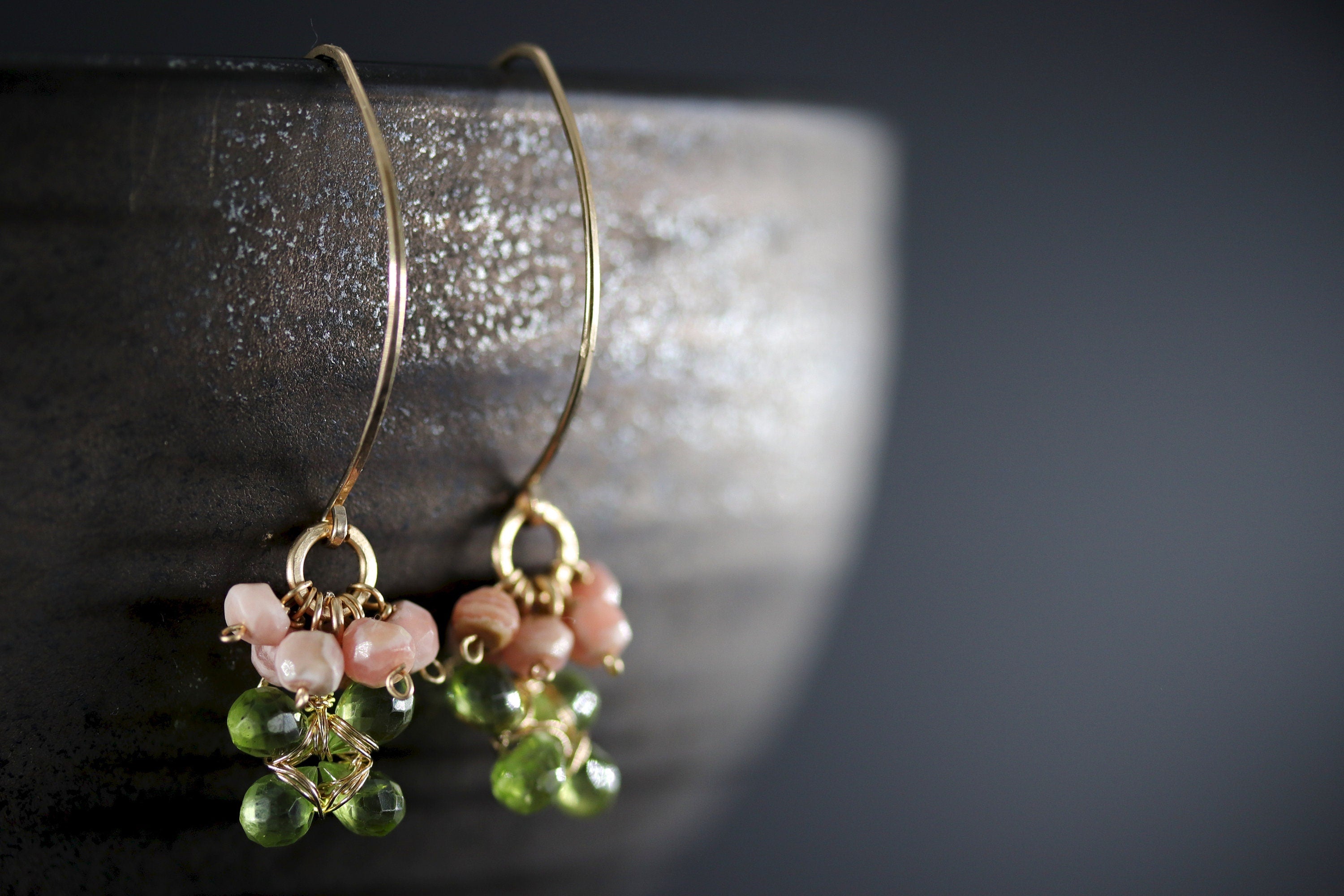 Peridot Rhodonite Floral Cluster Hoop Gemstone Earrings, 14K Gold Filled Botanicals
