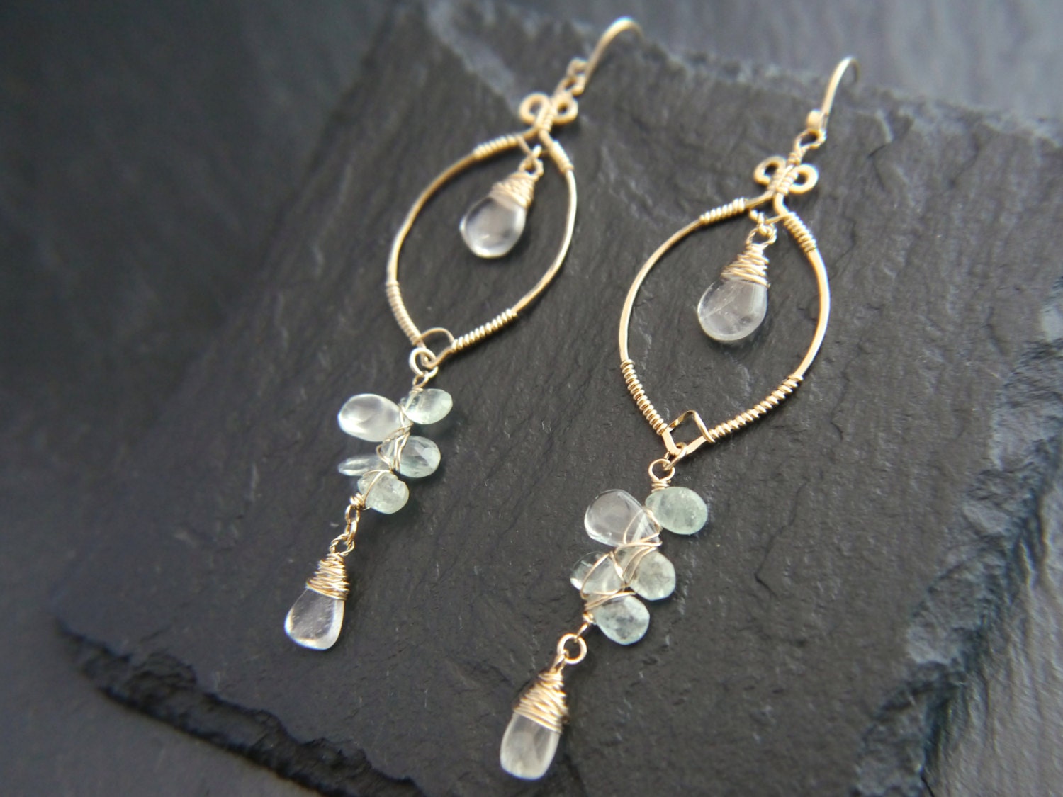 Aquamarine Floral Chandelier Gemstone Earrings, 14K Gold Filled Bohemian Chic