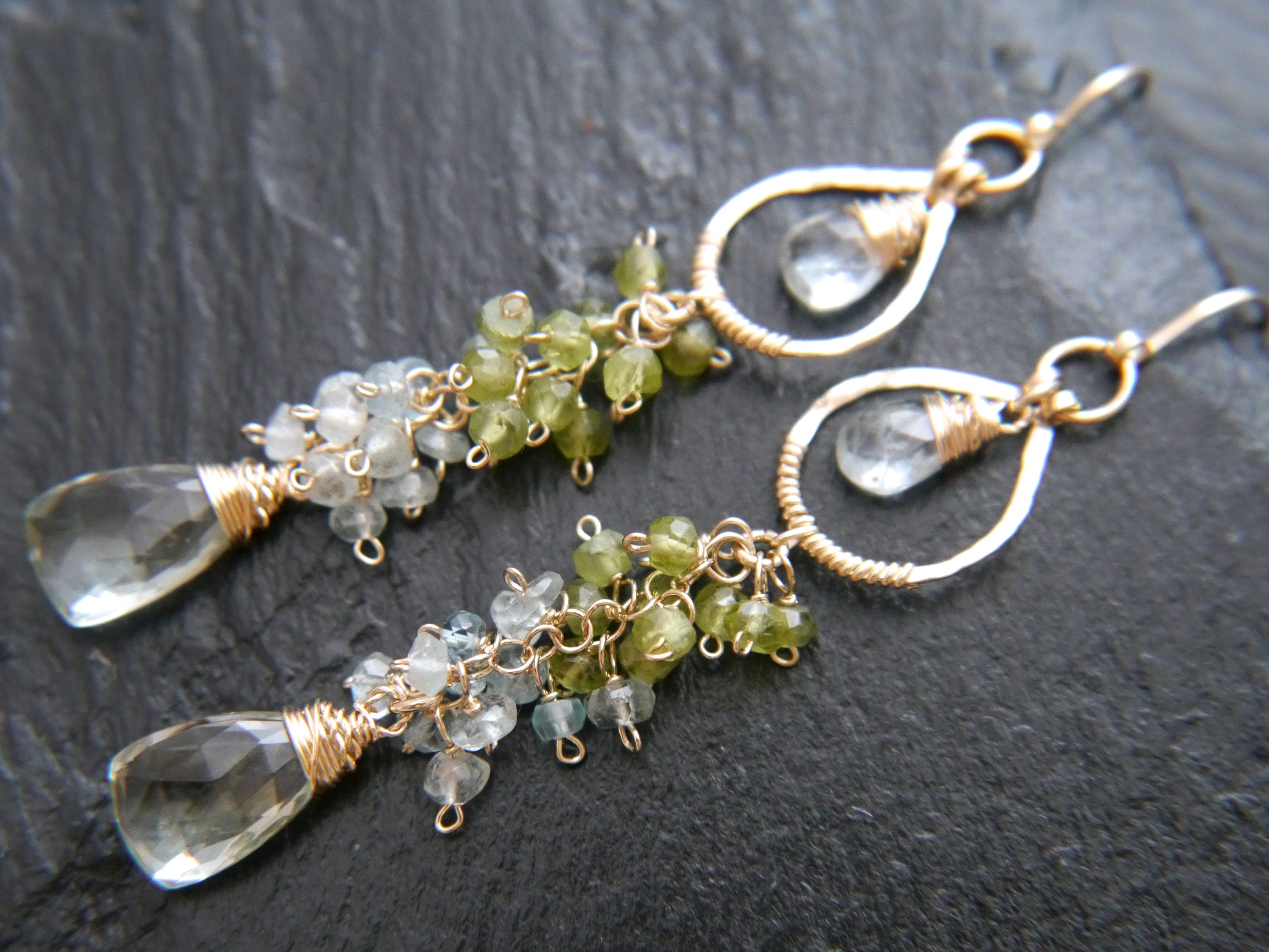 Peridot Aquamarine Cluster Chandelier Earrings, 14K Gold Filled Long Floral Dangle, Bohemian Jewelry