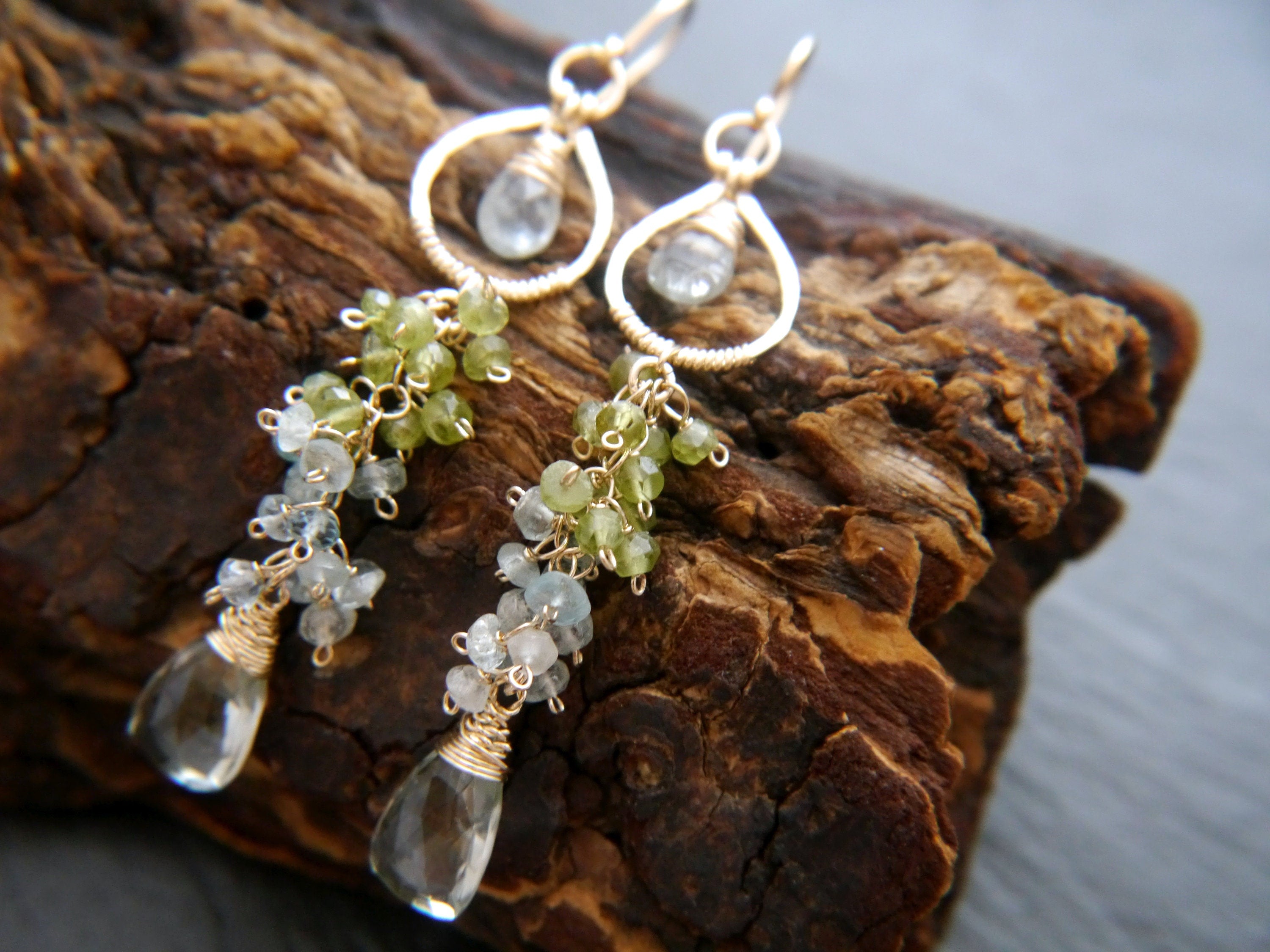 Peridot Aquamarine Cluster Chandelier Earrings, 14K Gold Filled Long Floral Dangle, Bohemian Jewelry