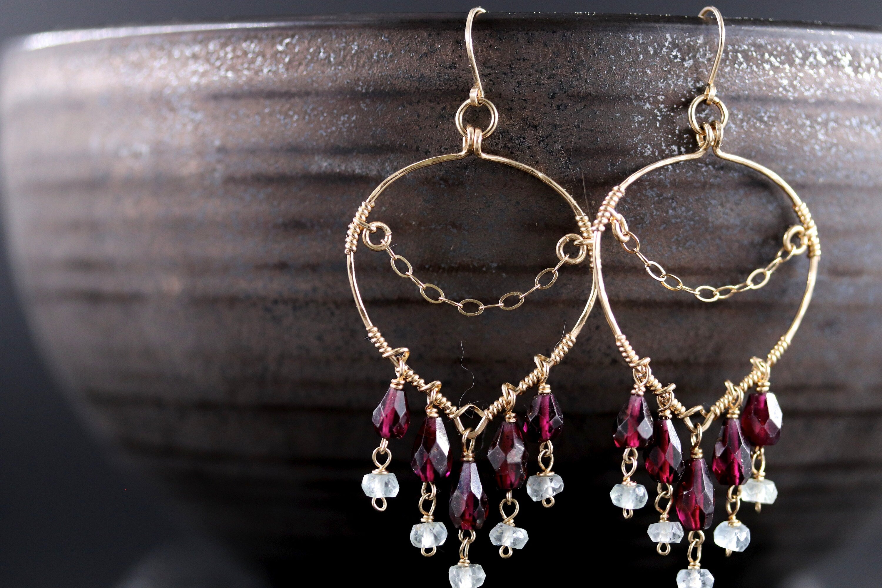 Garnet Aquamarine Fringe Earrings, 14K Gold Filled Long Dangle, Boho Statement