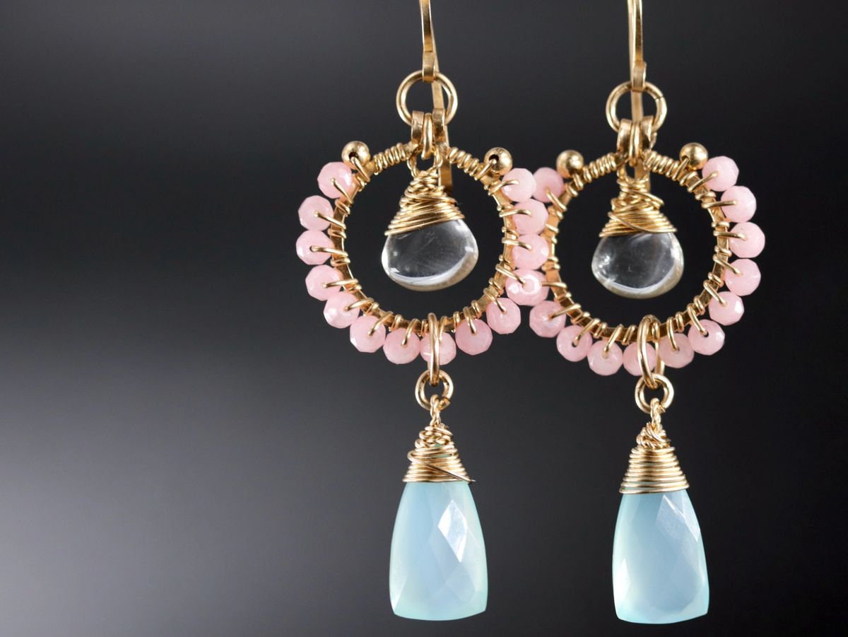 Pink Opal Chalcedony Trillion Briolette Floral Gemstone Earrings, 14K Gold Filled Bohemian Style
