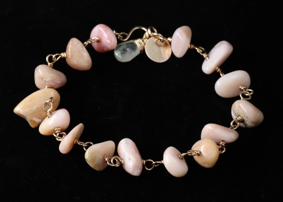 Pink Opal Aquamarine 14K Gold Filled Gemstone Bracelet, Pastel Beaded Jewelry