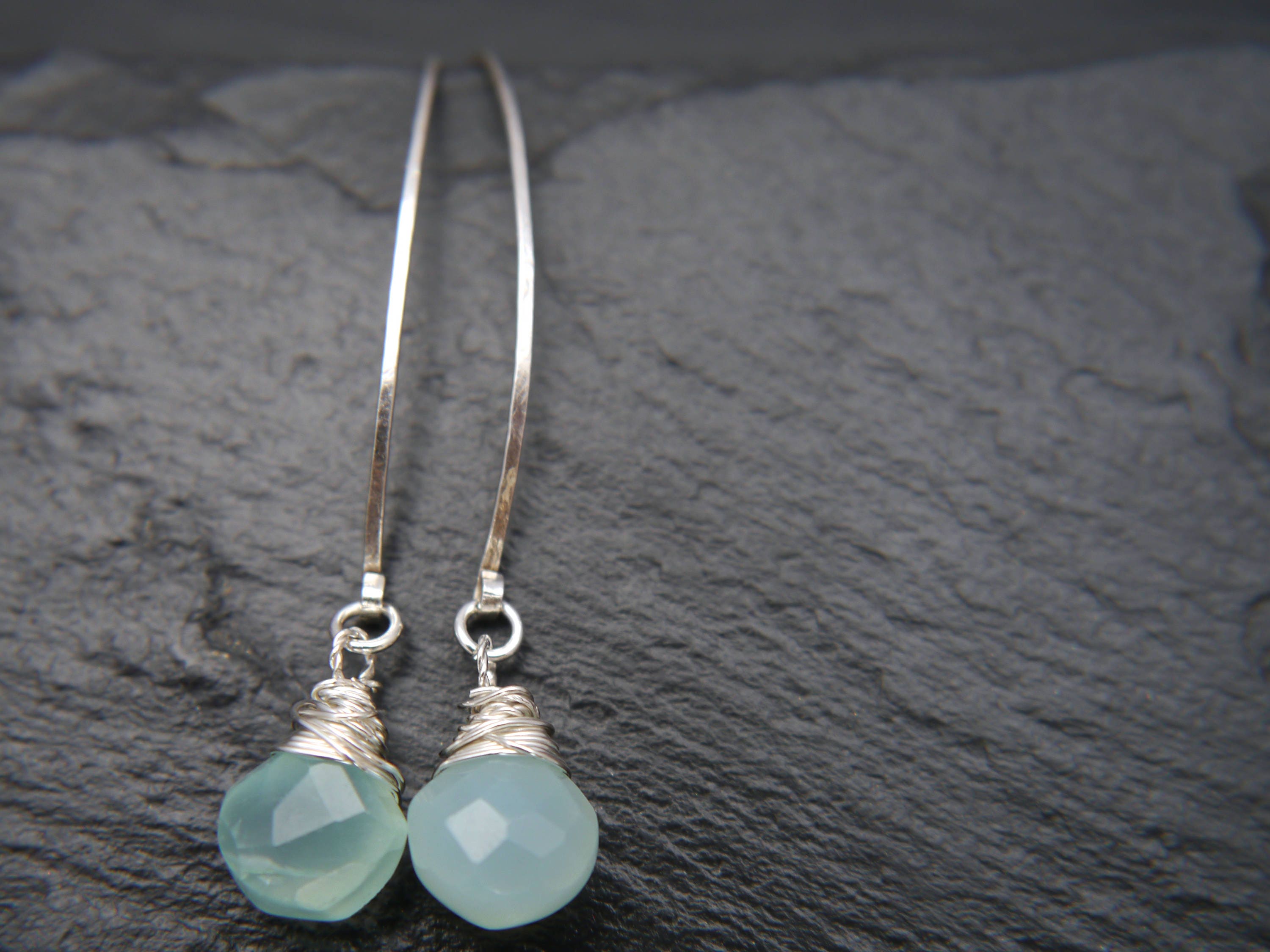 Aqua Chalcedony Briolette Hoop Gemstone Earrings, Sterling Silver