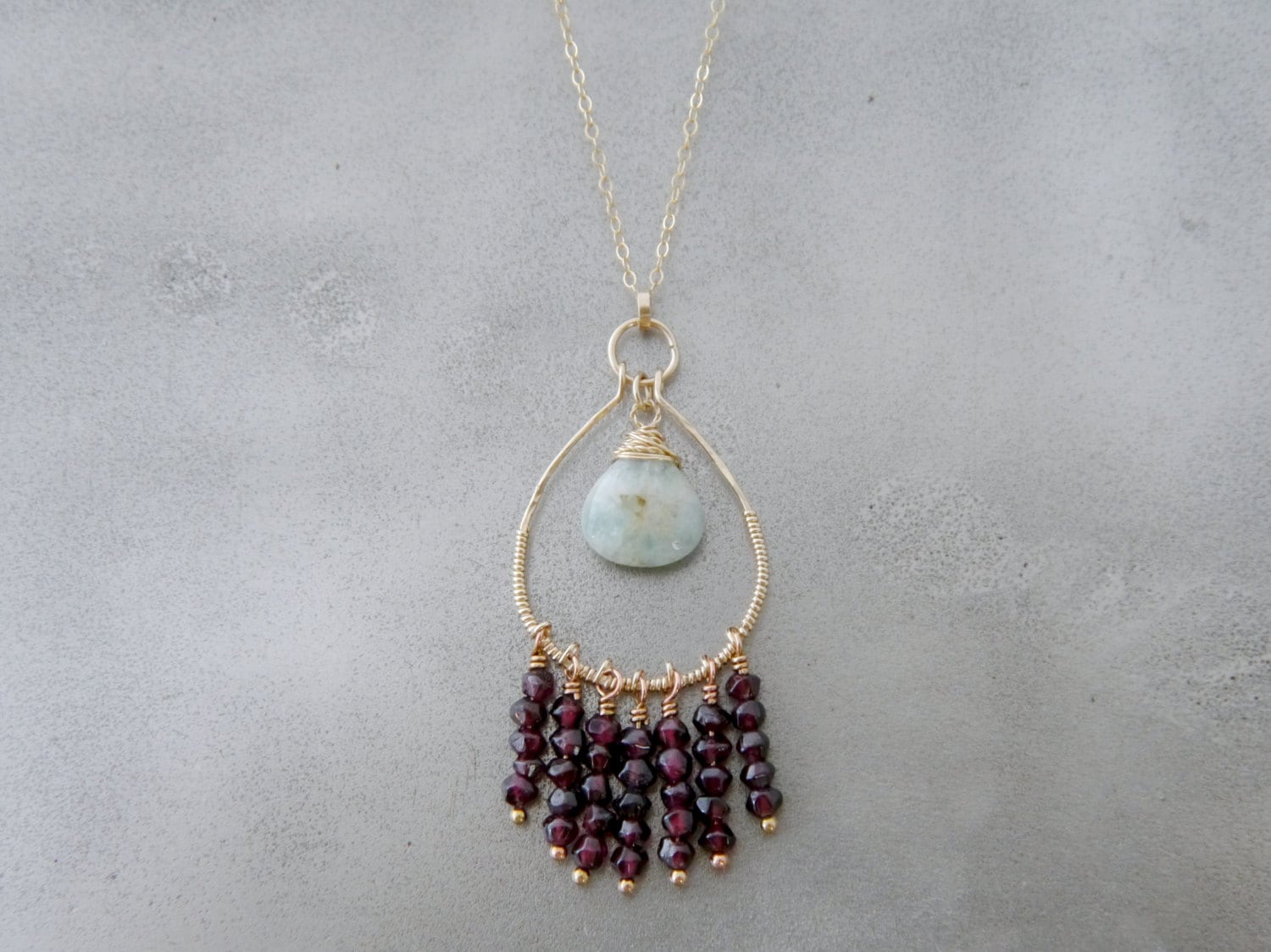 Aquamarine Garnet Tassel Pendant Necklace Gold Filled Statement Jewelry