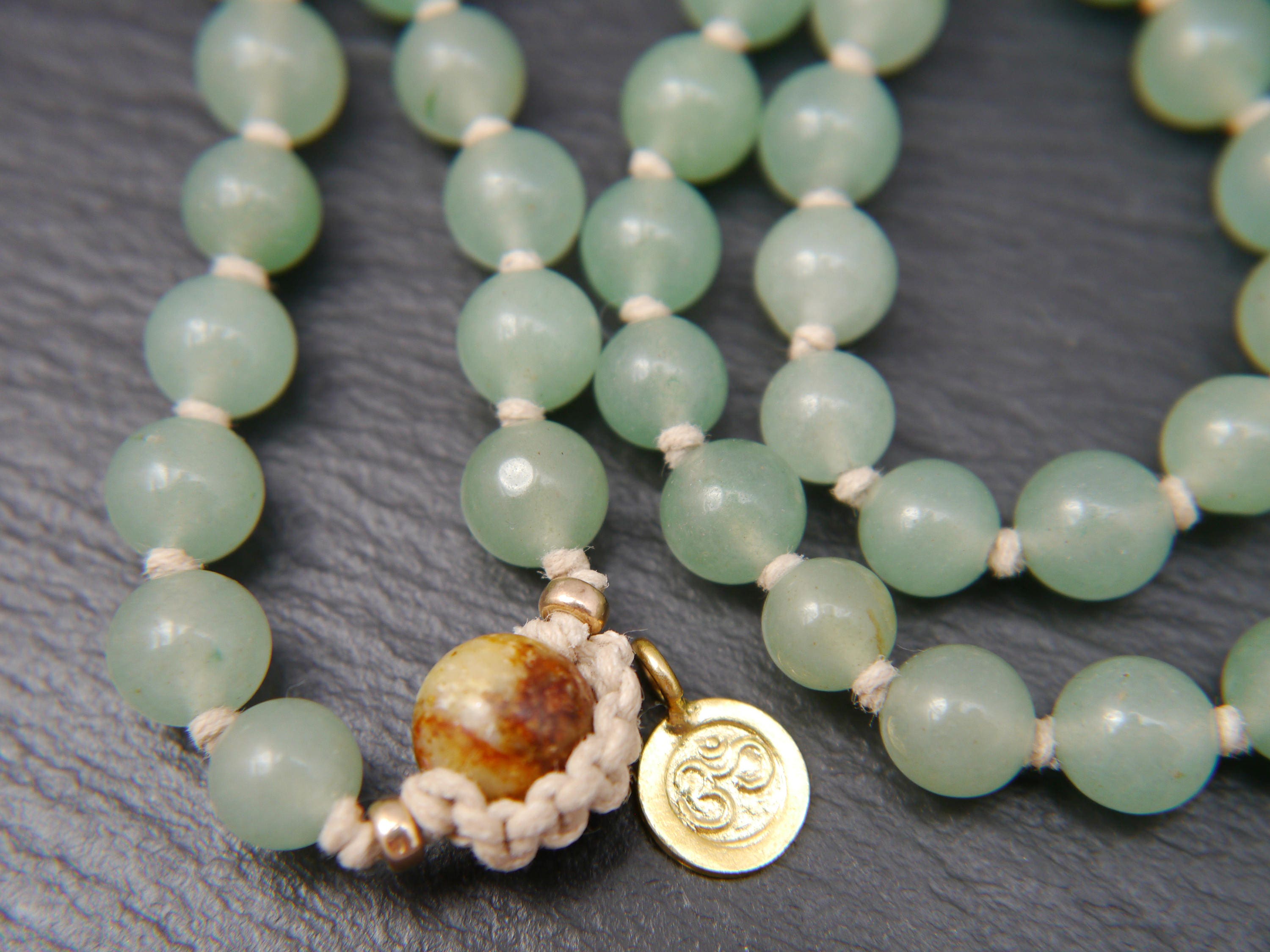 Green Aventurine 108 Mala Bead , Wrap, Hand Knotted Tibetan Prayer Beads
