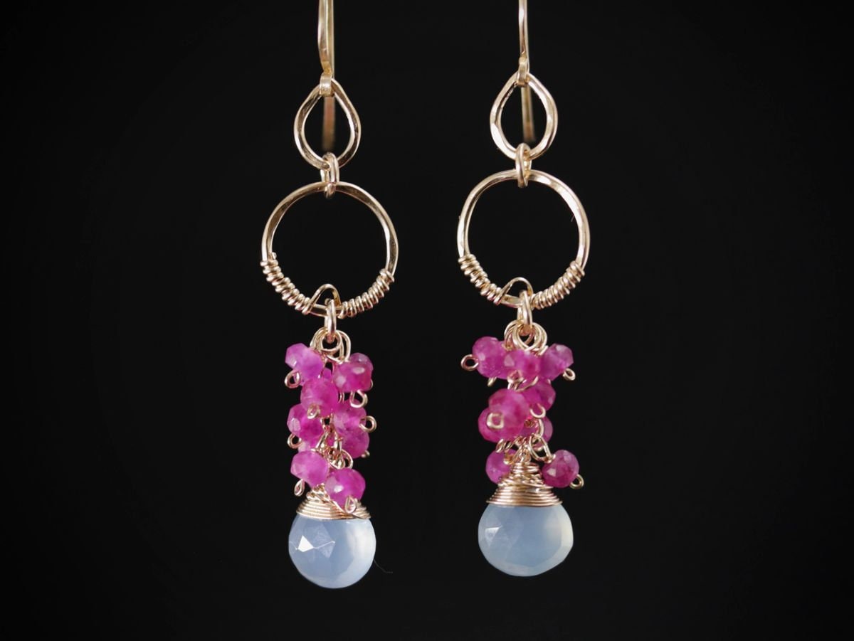 Ruby Chalcedony Heart Briolette Floral Cluster Gemstone Earrings, 14K Gold Filled