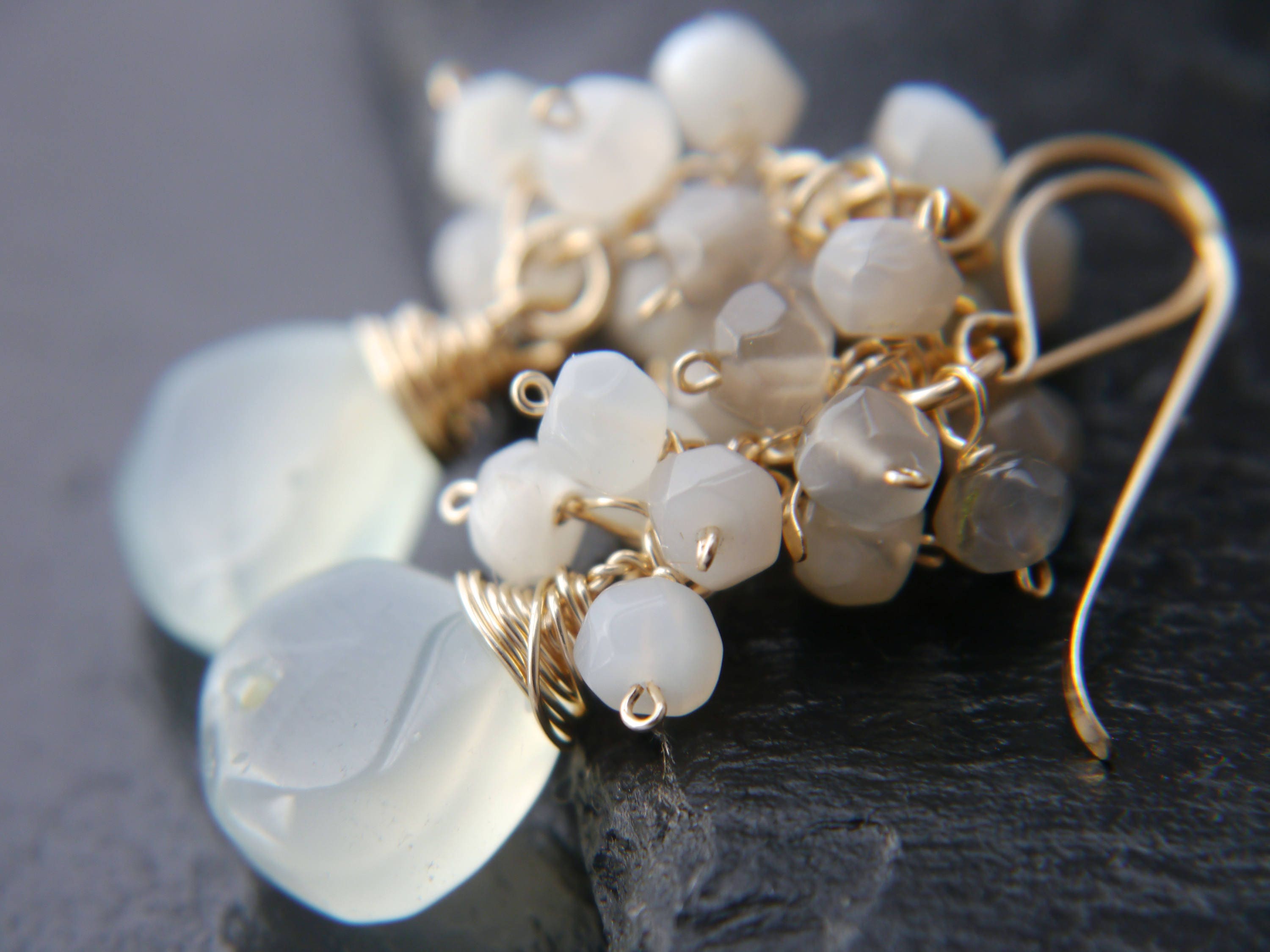 Aqua Chalcedony Briolette Moonstone Cluster Gemstone Earrings, 14K Gold Filled