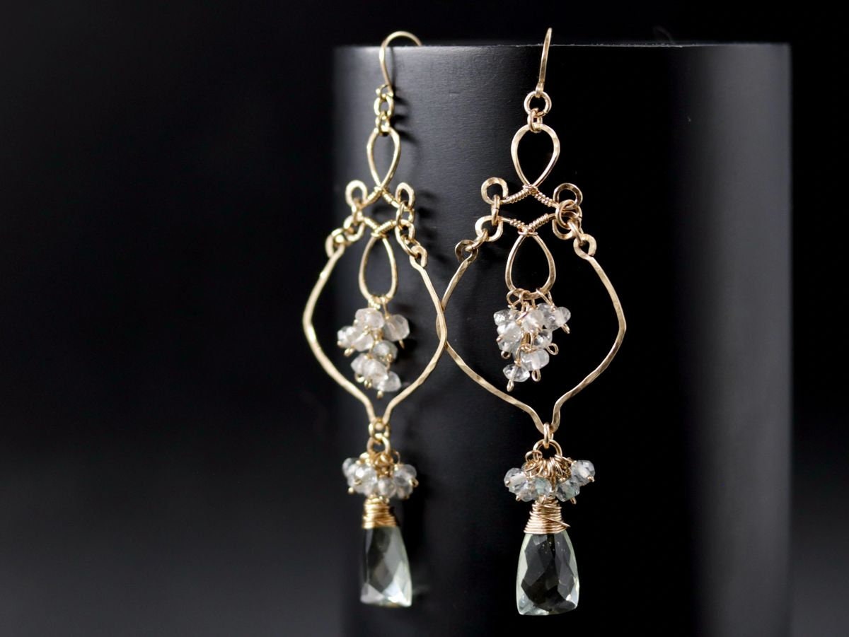 Green Amethyst Pink Opal Floral Chandelier Gemstone Earrings, 14K Gold Filled Bridal