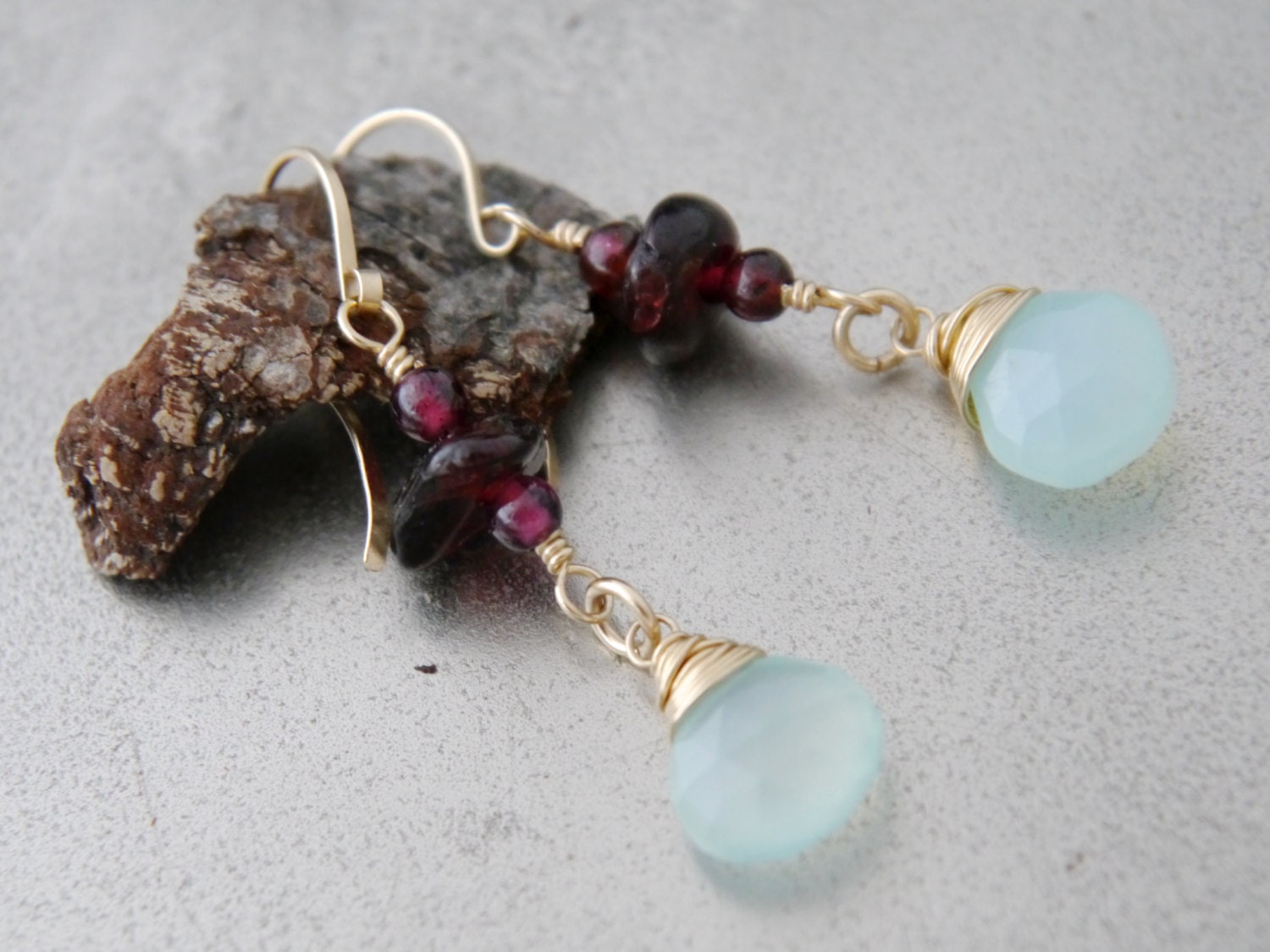 Aqua Chalcedony Heart Briolette Garnet, Gemstone Earrings, 14K Gold Filled Bohemian Jewelry