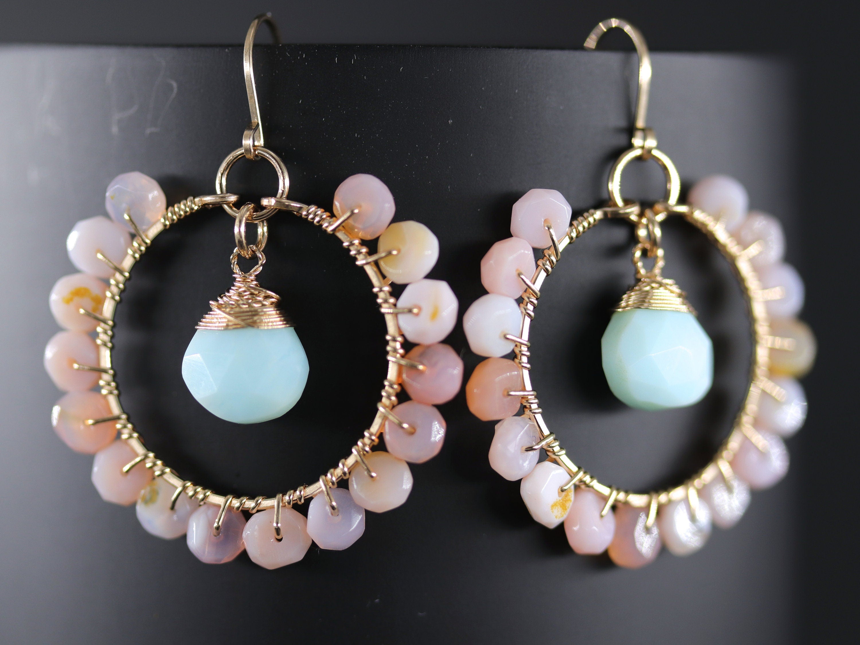 Blue Pink Opal Floral Hoop Gemstone Earrings, 14K Gold Filled Boho Chic Jewelry