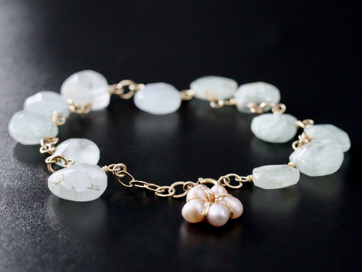 14K Gold Filled Aquamarine Pearl Floral Gemstone Bracelet, March Birthstone Bridal Jewelry