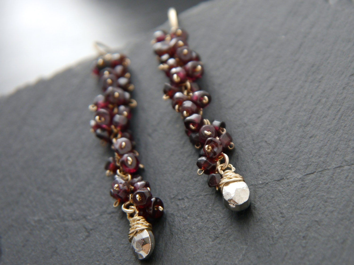 Boho Garnet Pyrite Cluster Long Dangle Gemstone Earrings, 14K Gold Filled Botanicals