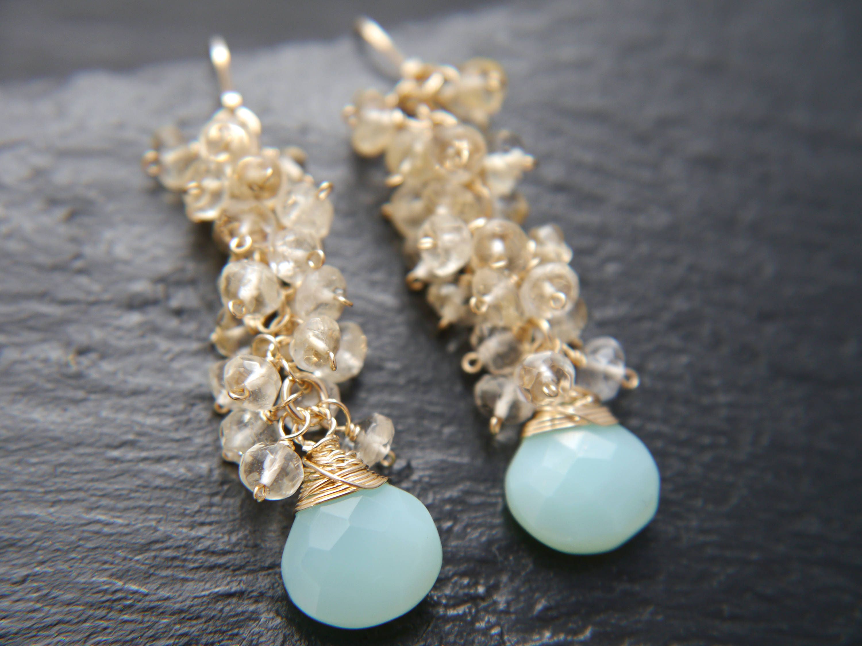 Aqua Chalcedony Citrine Cluster Vine Gemstone Earrings, 14K Gold Filled Bohemian Chic