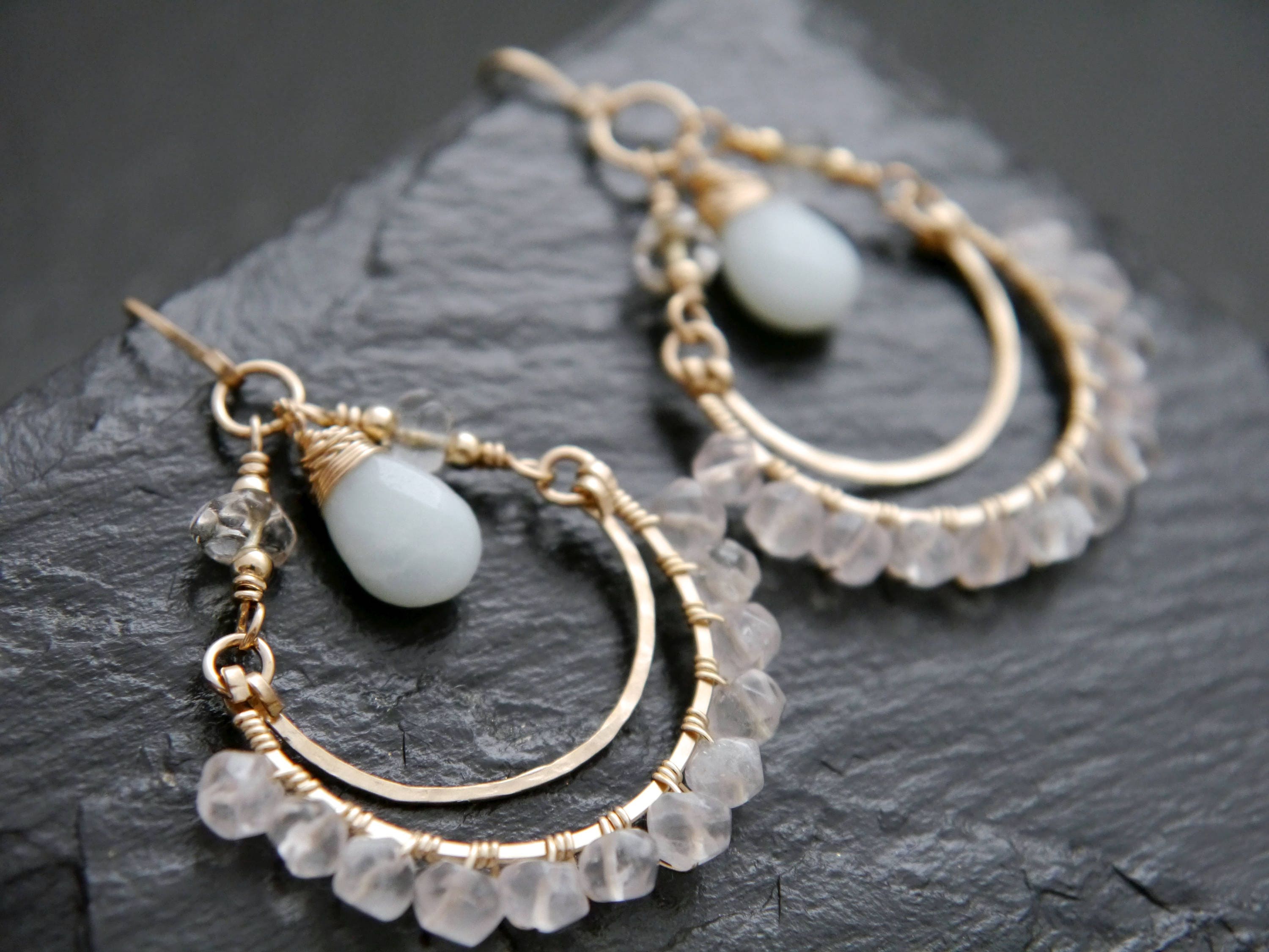 Rose Quartz Amazonite Chandelier Gemstone Earrings, 14K Gold Filled Boho Chic